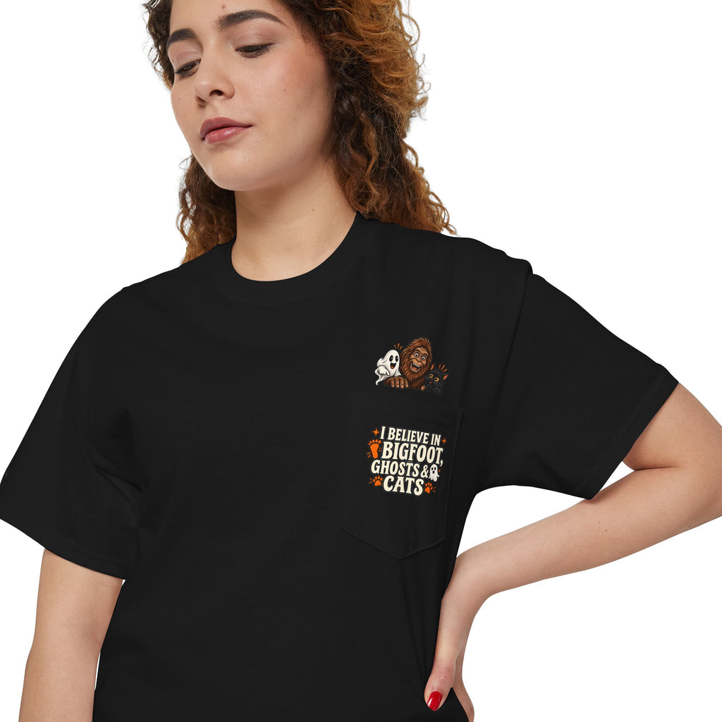 I Believe in Bigfoot, Ghosts & Cats Pocket T-Shirt