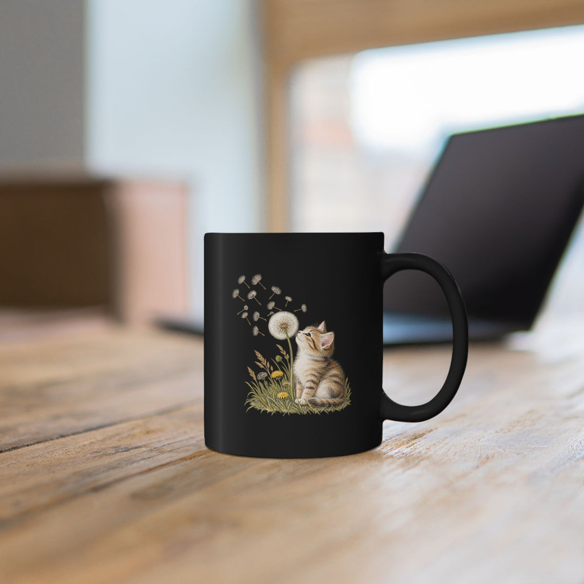 Kitten & Dandelion Black Ceramic Mug | Cat Lover Coffee Cup | 11oz & 15oz