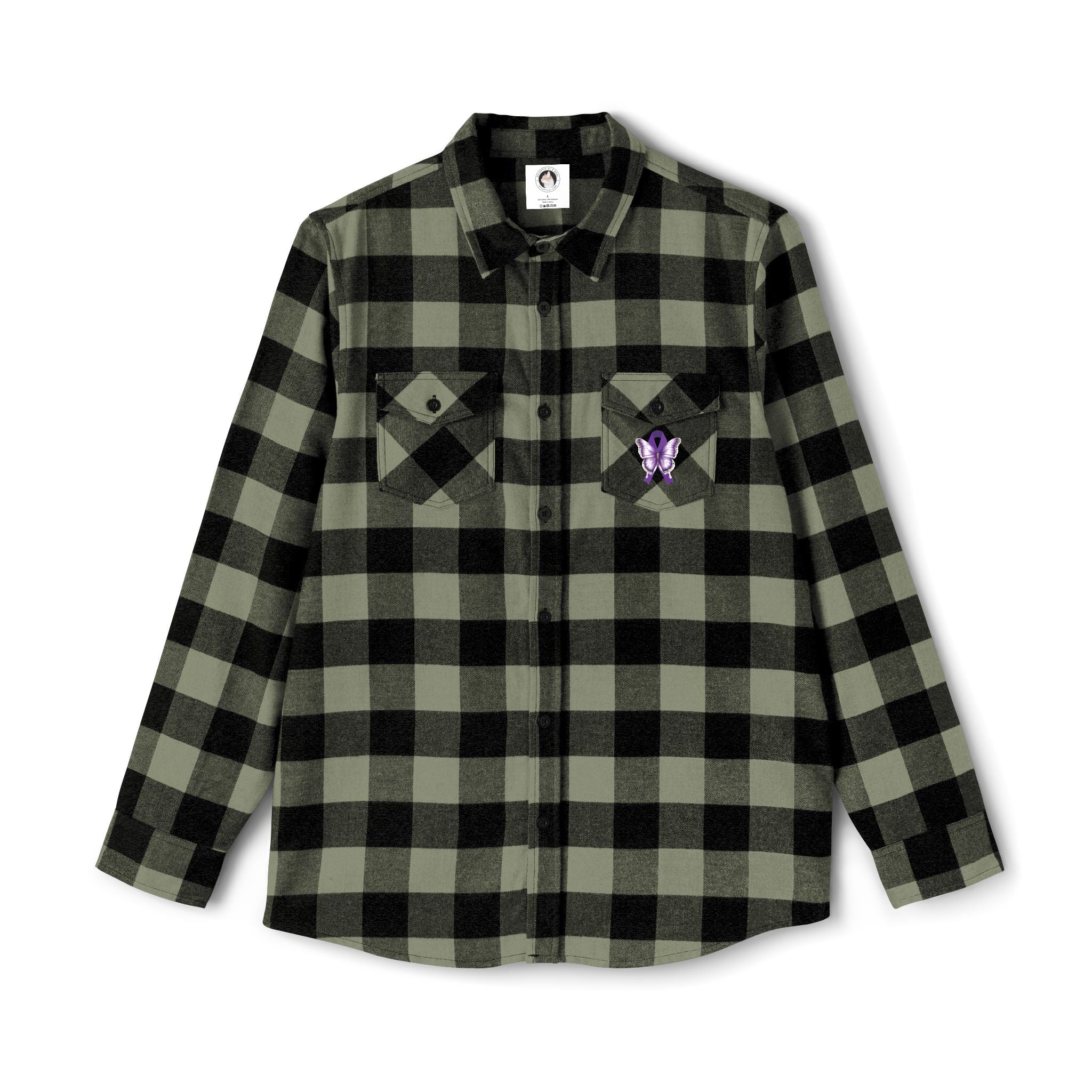 Photo depicting the ​Epilepsy Butterfly Unisex Flannel Shirt from EpiAl's Shop.