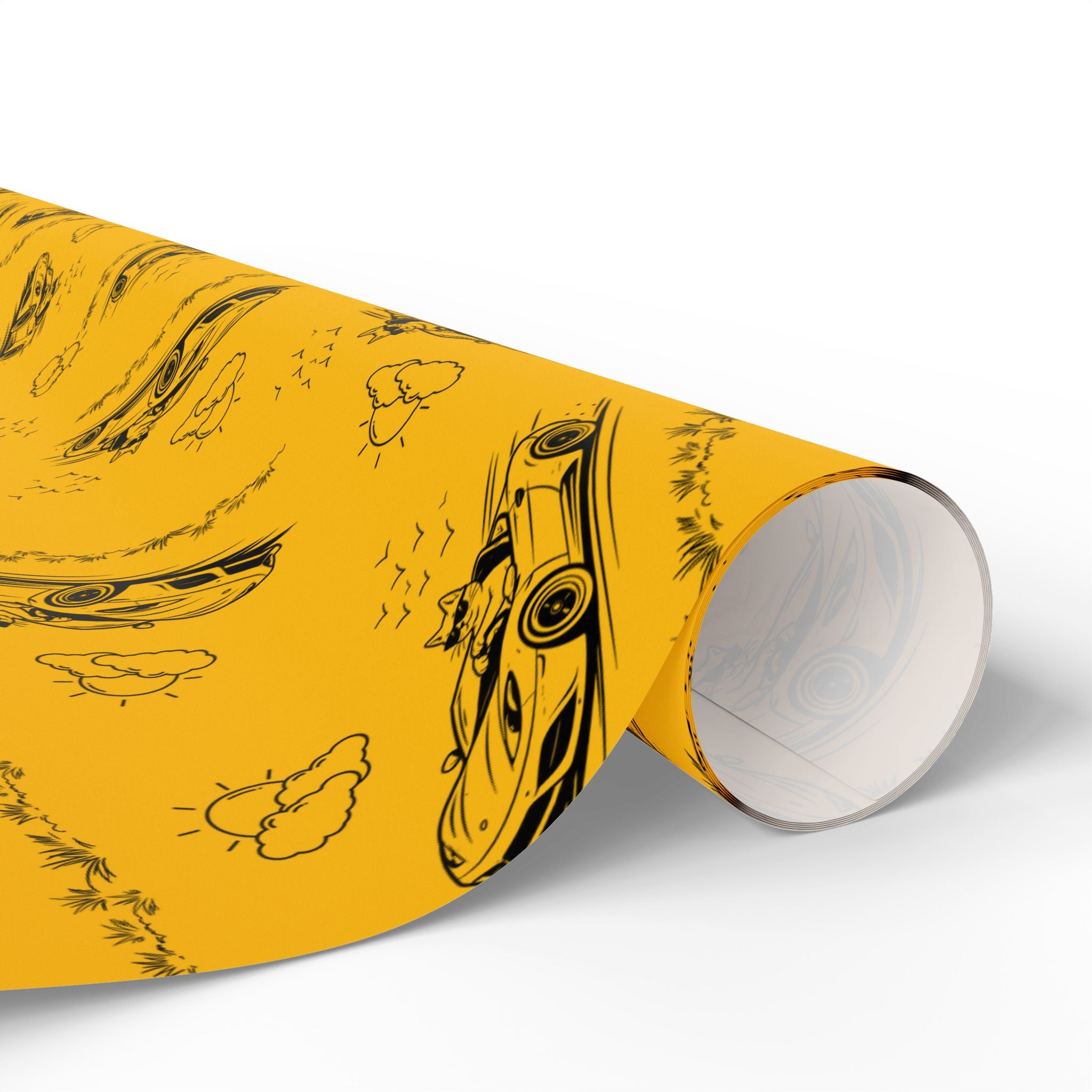 Zoomies Road Trip Cat Wrapping Paper – Golden Sketch Gift Wrap with Racing Cat Design