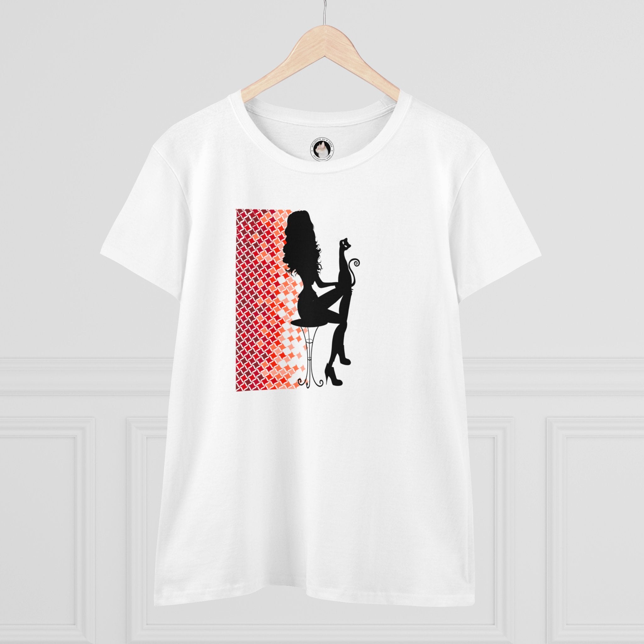 Photo depicting the ​Poised Cat Lady Women's Midweight Cotton Tee from EpiAl's Shop.