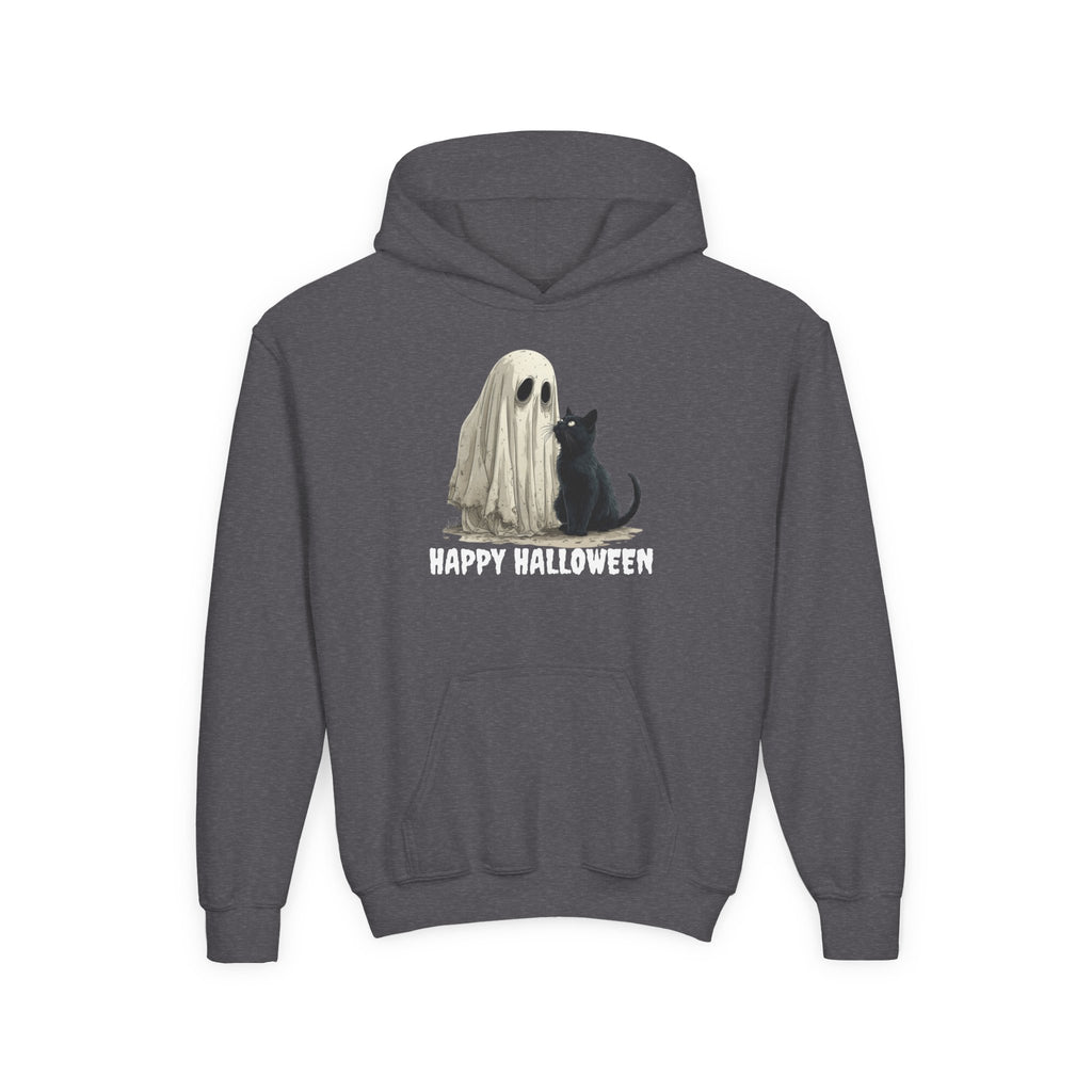 Youth Halloween Hoodie, Ghost and Cat Design