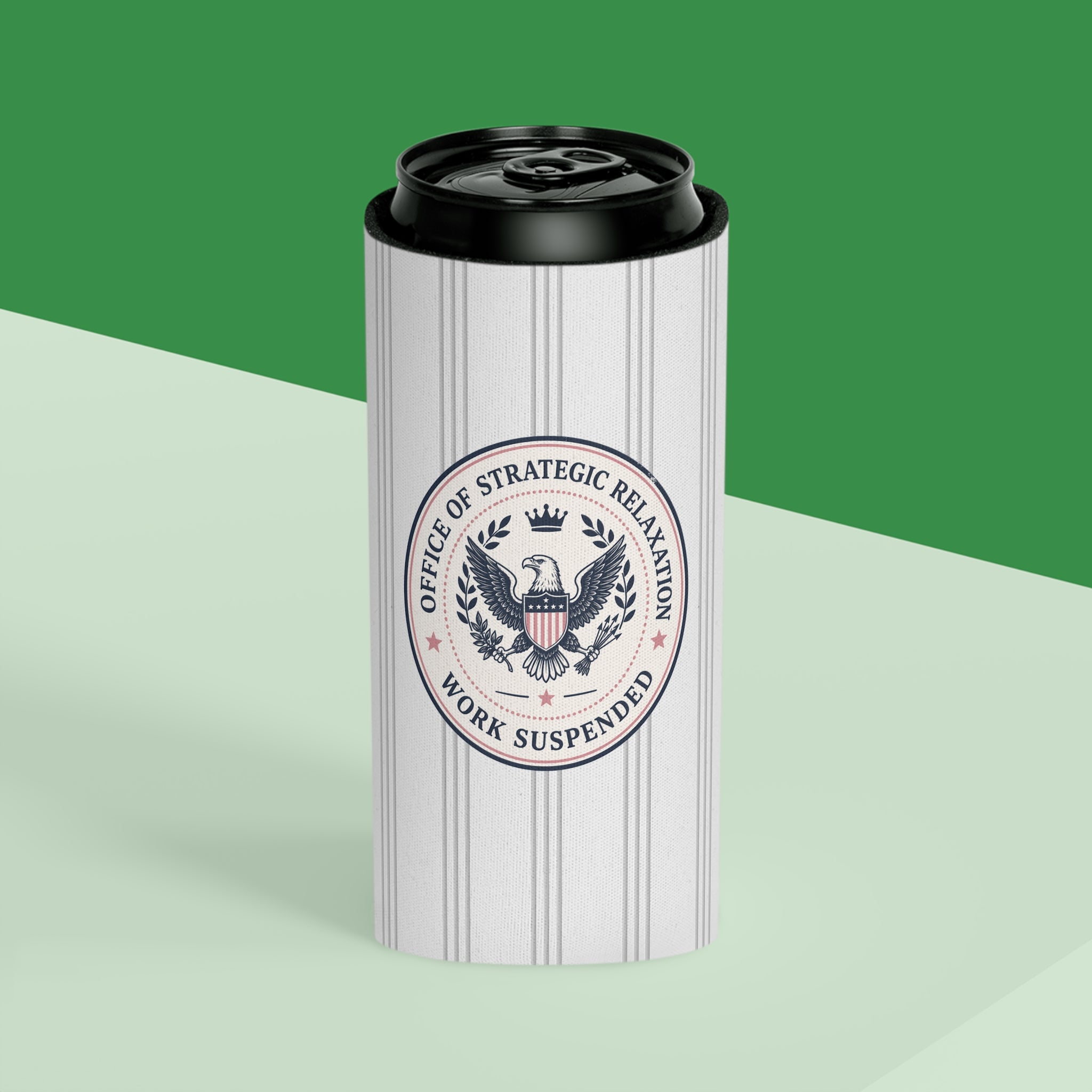 Office of Strategic Relaxation Can Cooler | Work Suspended Funny Koozie