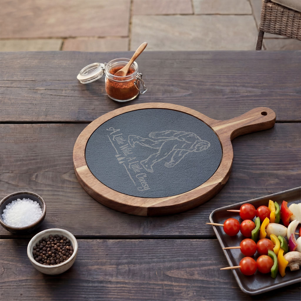 Bigfoot Charcuterie Board | A Little Wild, A Little Cheesy | Engraved Slate & Acacia Wood Cheese Board