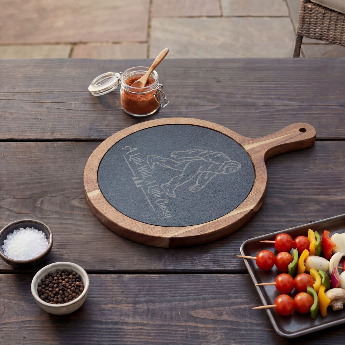 Bigfoot Charcuterie Board | A Little Wild, A Little Cheesy | Engraved Slate & Acacia Wood Cheese Board