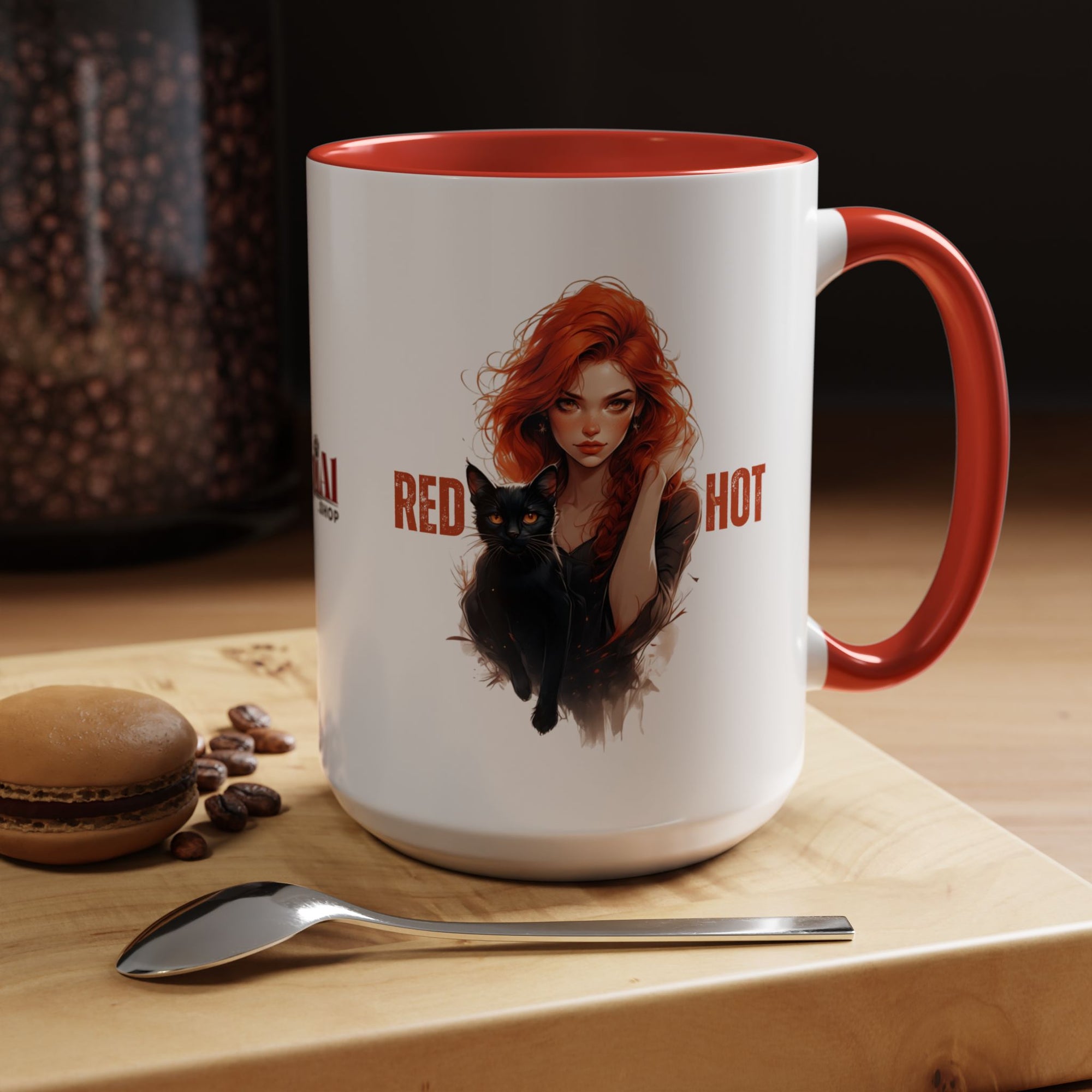 Red Hot Coffee Mug with Artistic Cat-Themed Design