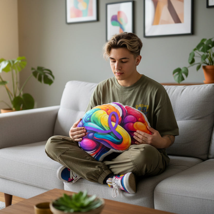 Epilepsy Awareness Brain Shaped Pillow – Purple Ribbon Design