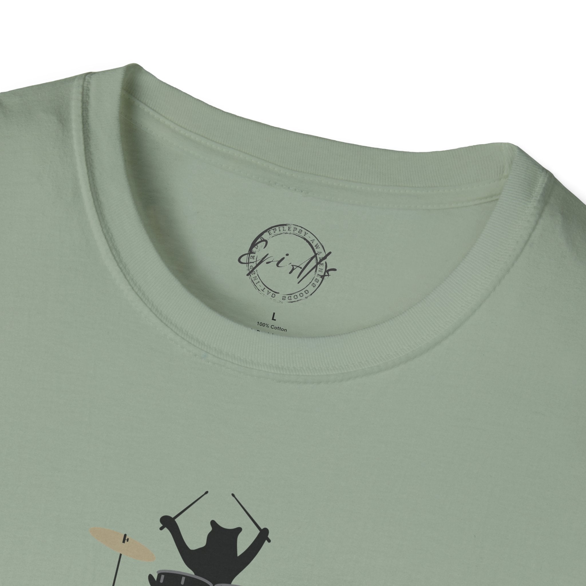 Photo depicting the ​Purrcussionist Unisex Softstyle T-Shirt from EpiAl's Shop.