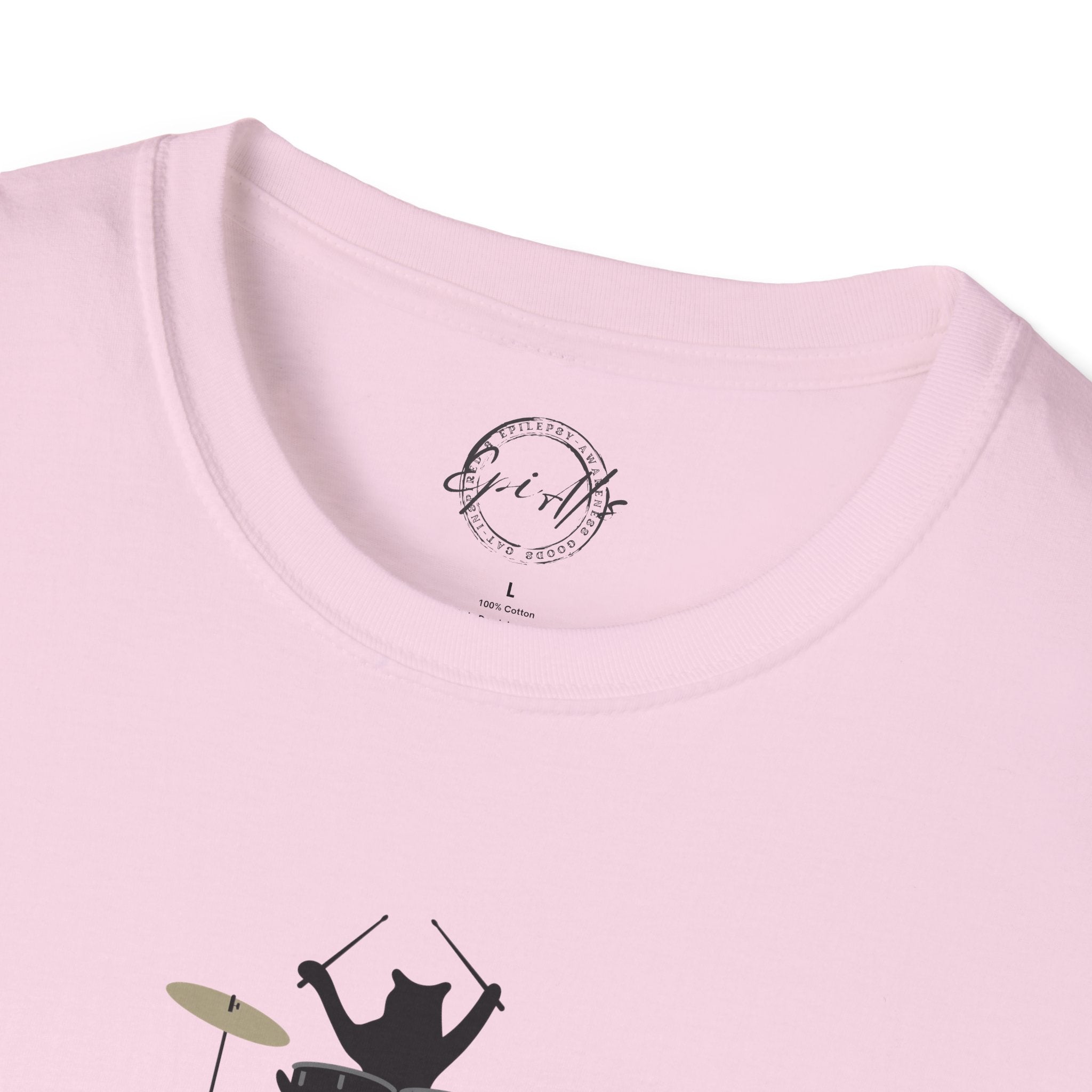 Photo depicting the ​Purrcussionist Unisex Softstyle T-Shirt from EpiAl's Shop.