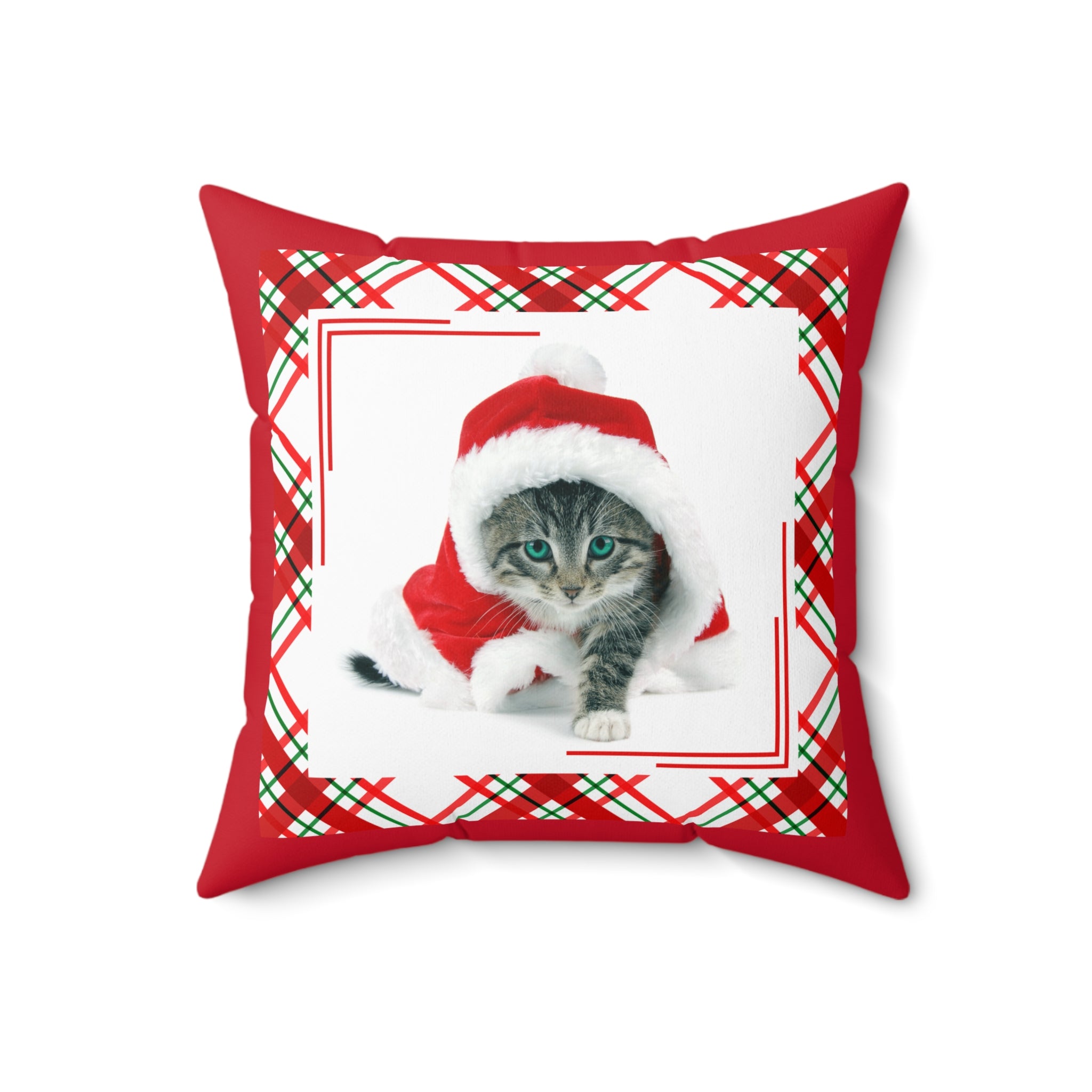 Photo depicting the ​Santa Kitty Faux Suede Square Pillow from EpiAl's Shop.
