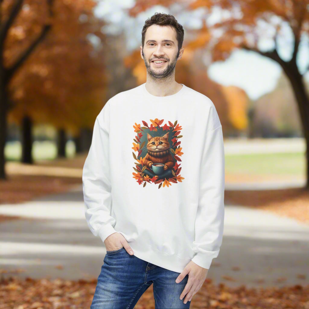 Whimsical Fall Fleece Kitty Sweatshirt, Cozy Autumn Apparel