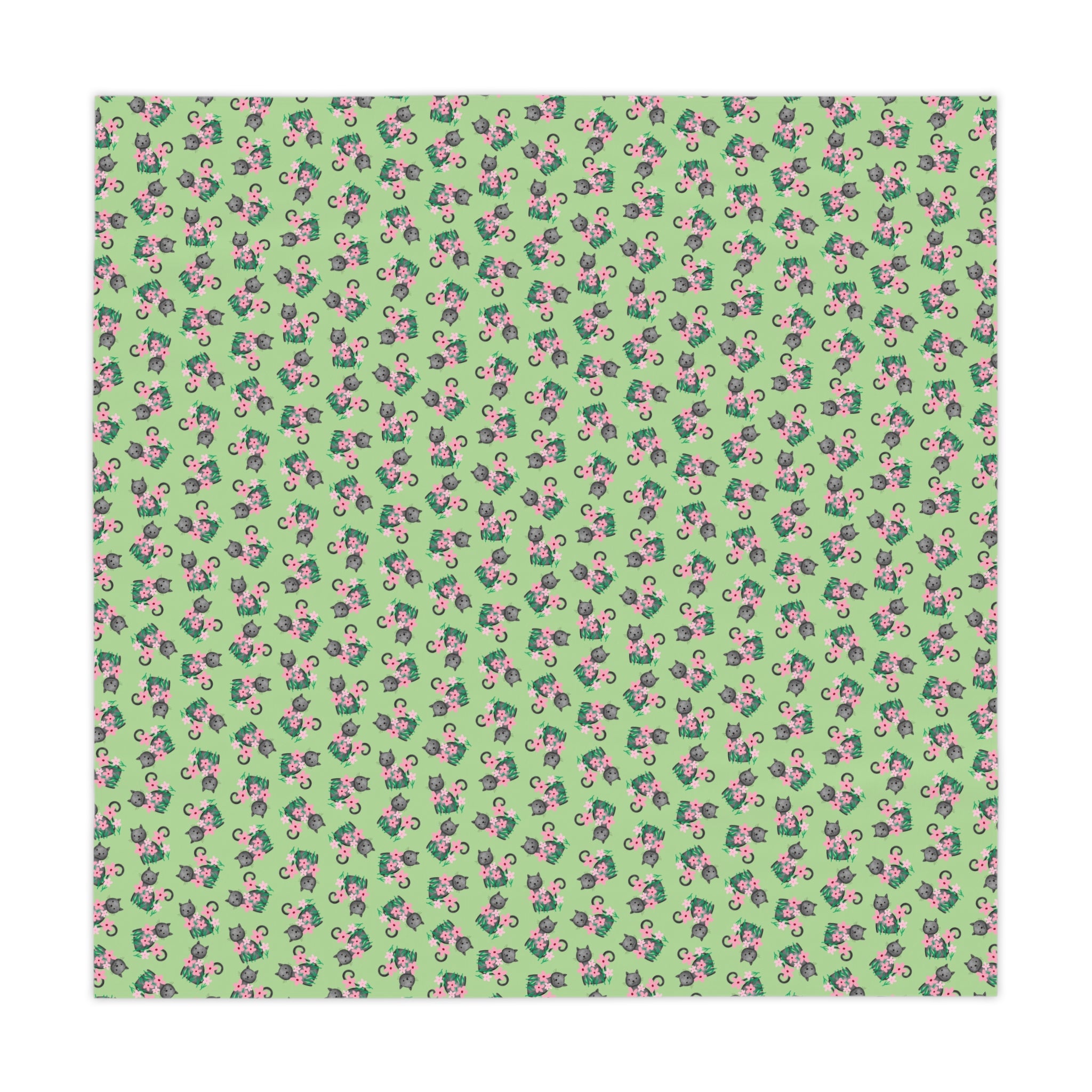 Whisker Bloom Tablecloth – Cat & Floral Pattern Mint Green Square Table Cover