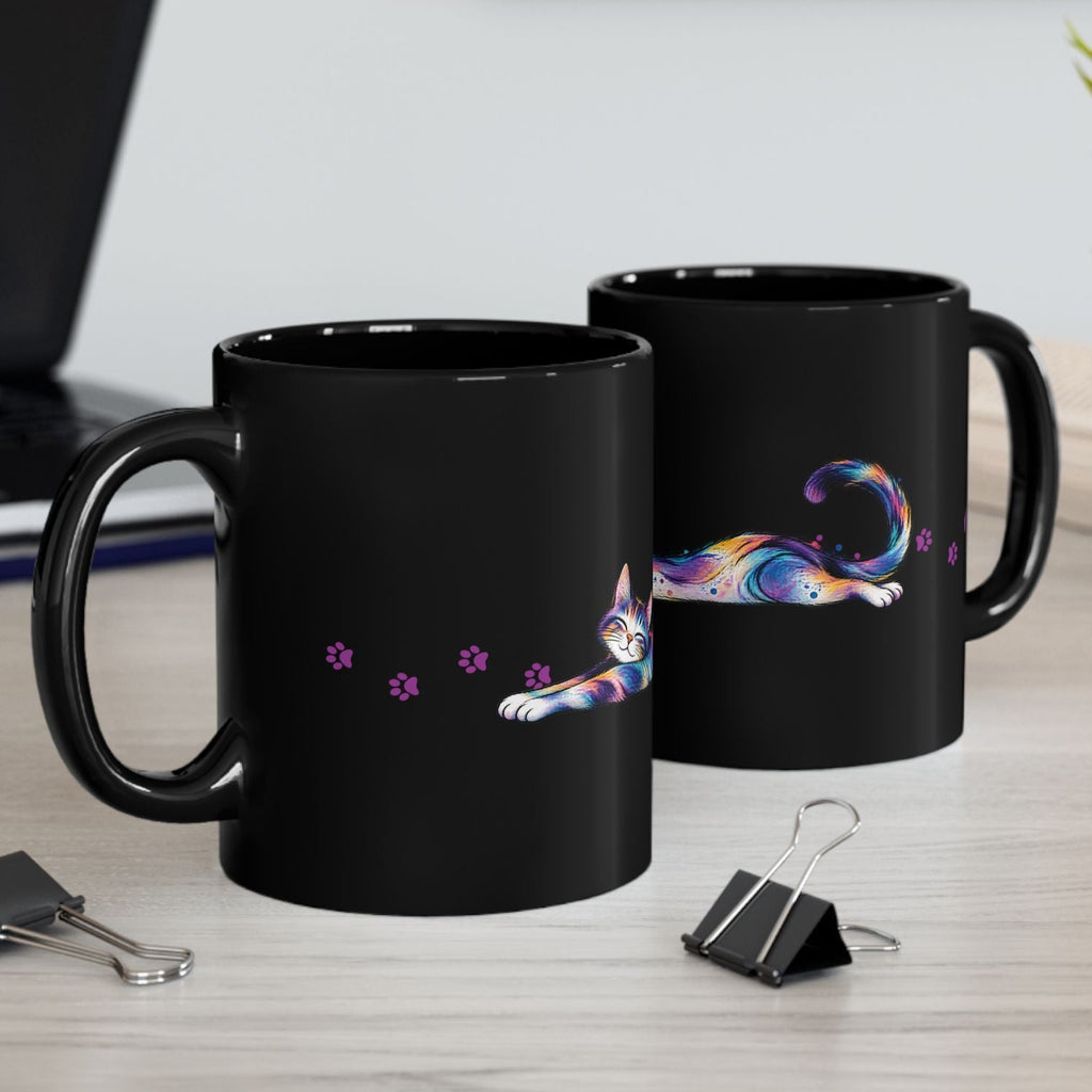 Colorful Stretching Cat Black Ceramic Mug | Whimsical Cat Lover Gift (11oz/15oz)