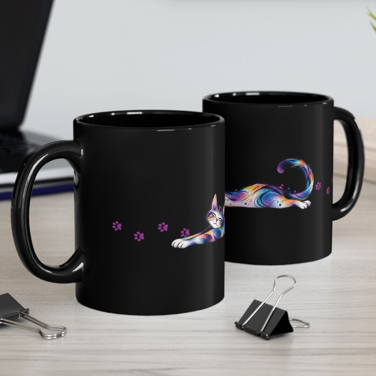 Colorful Stretching Cat Black Ceramic Mug | Whimsical Cat Lover Gift (11oz/15oz)