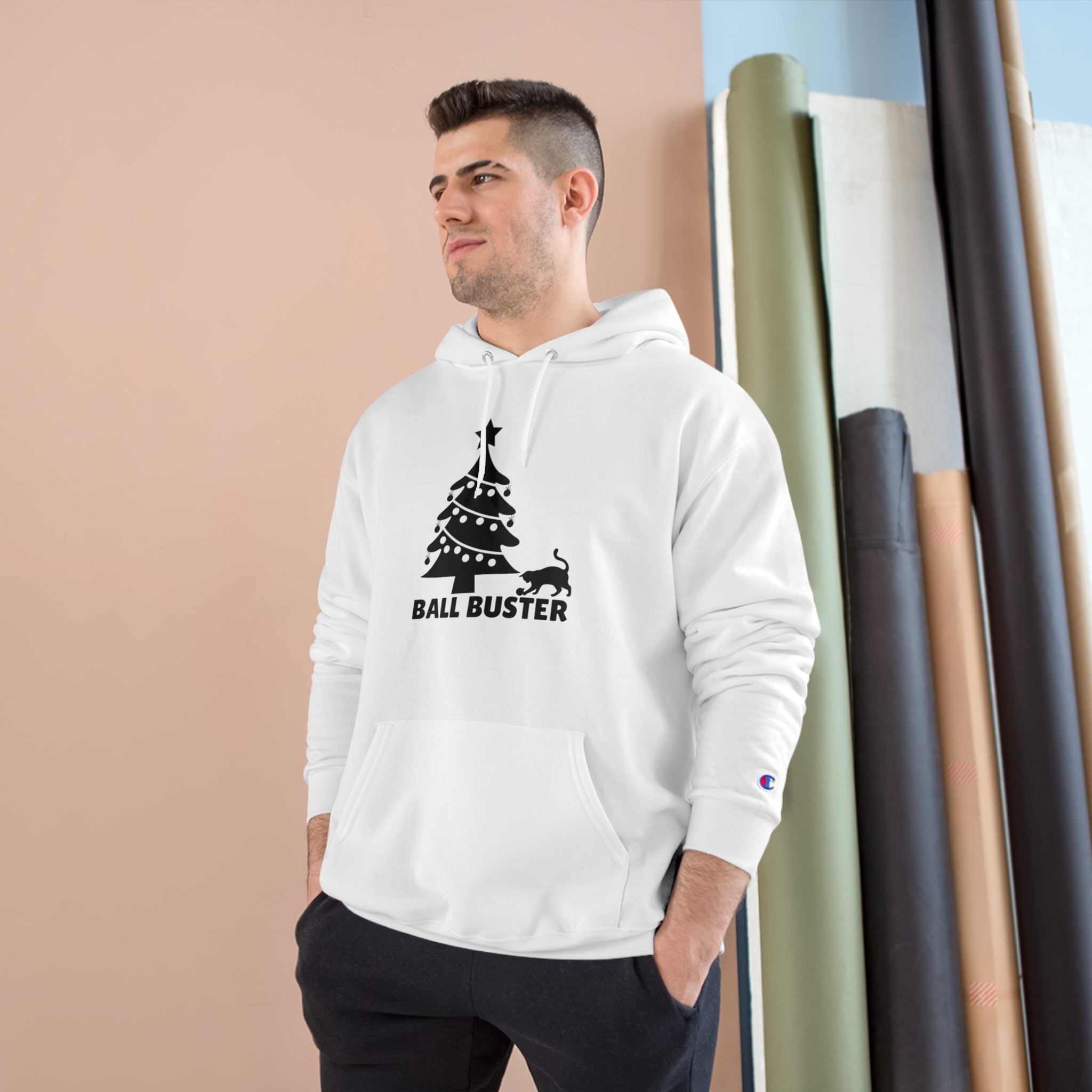 Photo depicting the ​Christmas Ball Buster Champion Hoodie from EpiAl's Shop.