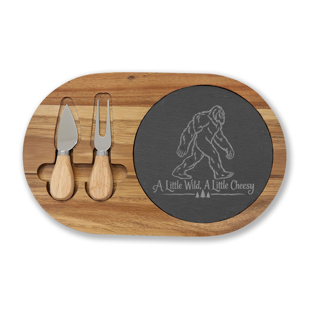 Bigfoot Charcuterie Board | A Little Wild, A Little Cheesy | Engraved Slate & Acacia Wood Cheese Board