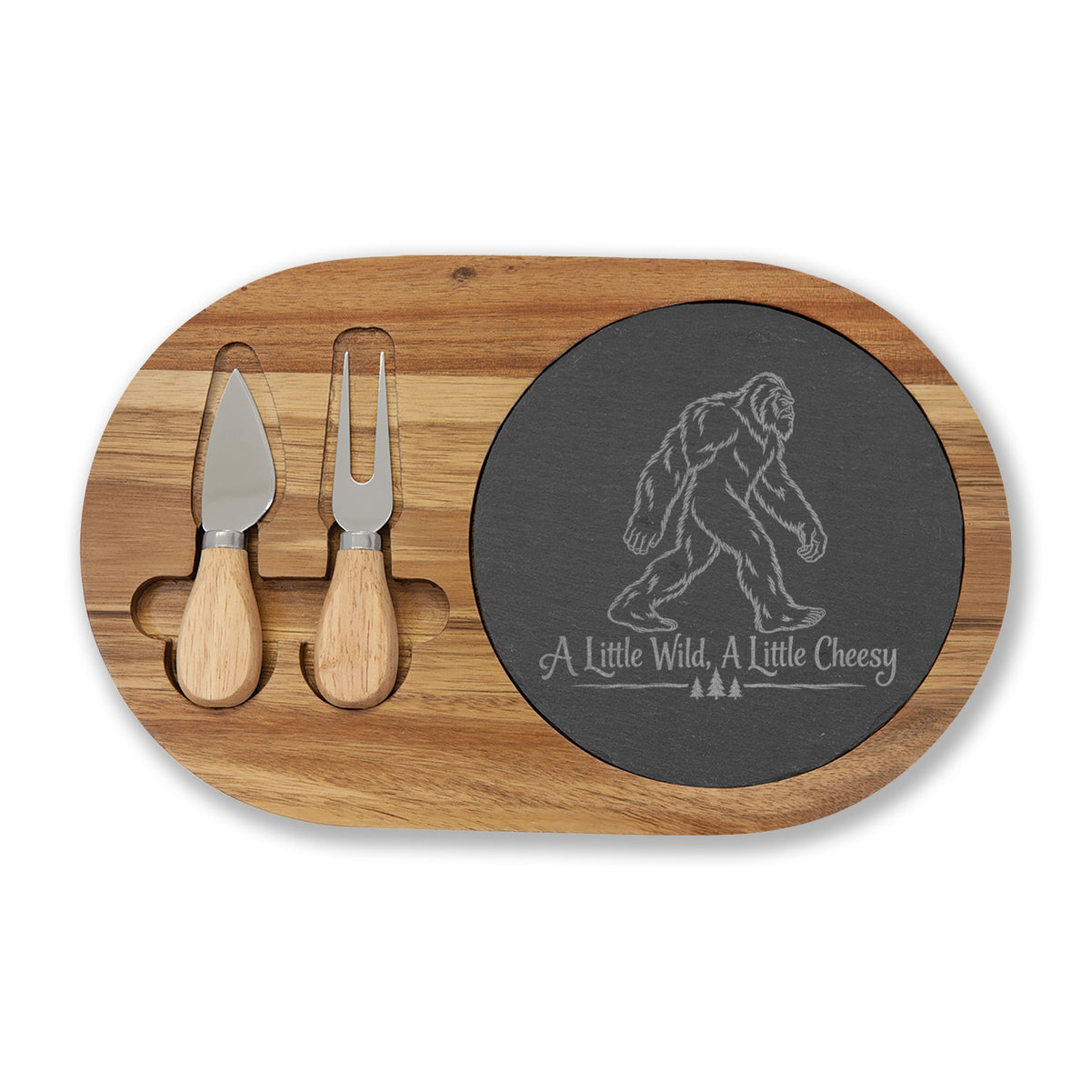 Bigfoot Charcuterie Board | A Little Wild, A Little Cheesy | Engraved Slate & Acacia Wood Cheese Board