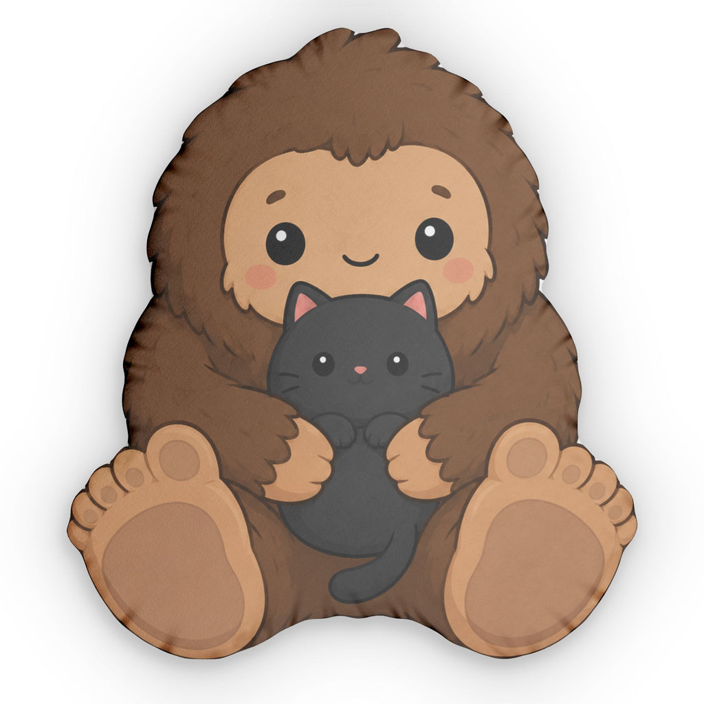 Baby Bigfoot & Black Cat Shaped Pillow | Woodland Sasquatch Cat Decor