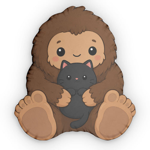 Baby Bigfoot & Black Cat Shaped Pillow | Woodland Sasquatch Cat Decor