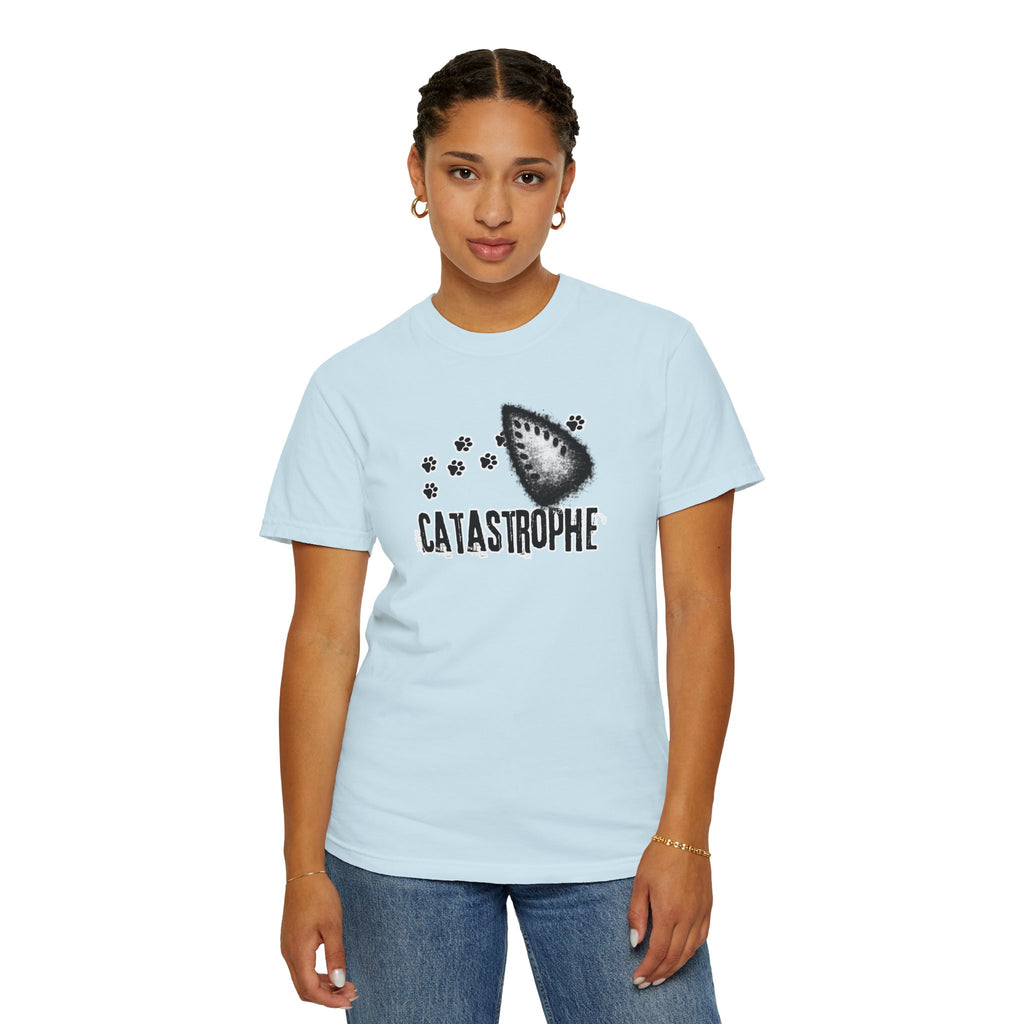 Catastrophe Iron Burn Graphic T-Shirt | Funny Cat Pun Shirt | Distressed Grunge Cat Tee