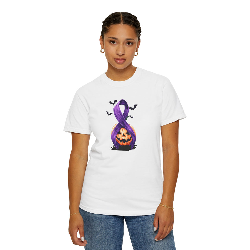 Halloween Pumpkin Unisex T-Shirt with Purple Ribbon Design