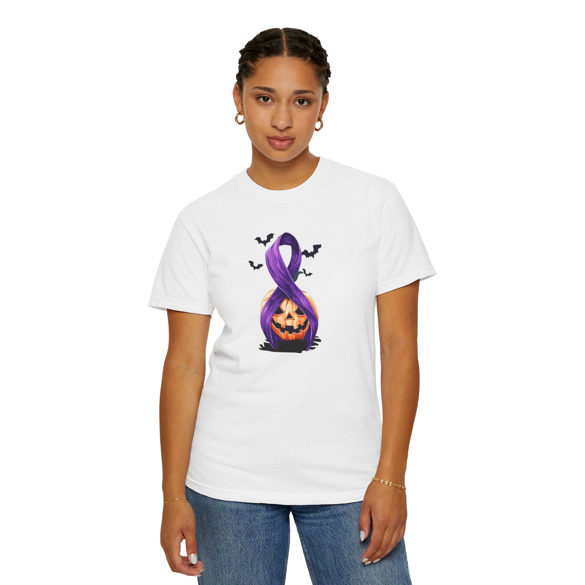 Halloween Pumpkin Unisex T-Shirt with Purple Ribbon Design