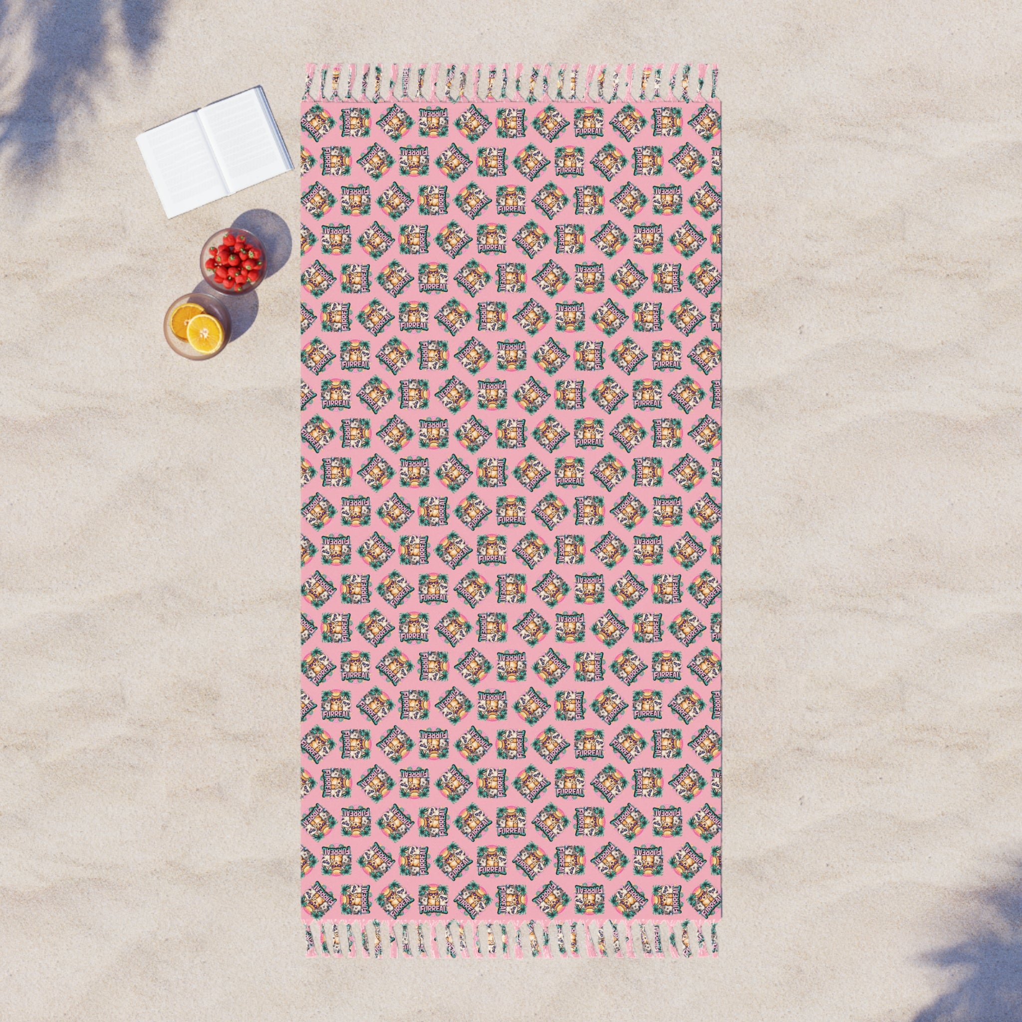Furreal Cat Beach Cloth – Pink Boho Tassel Wrap, Towel & Travel Blanket
