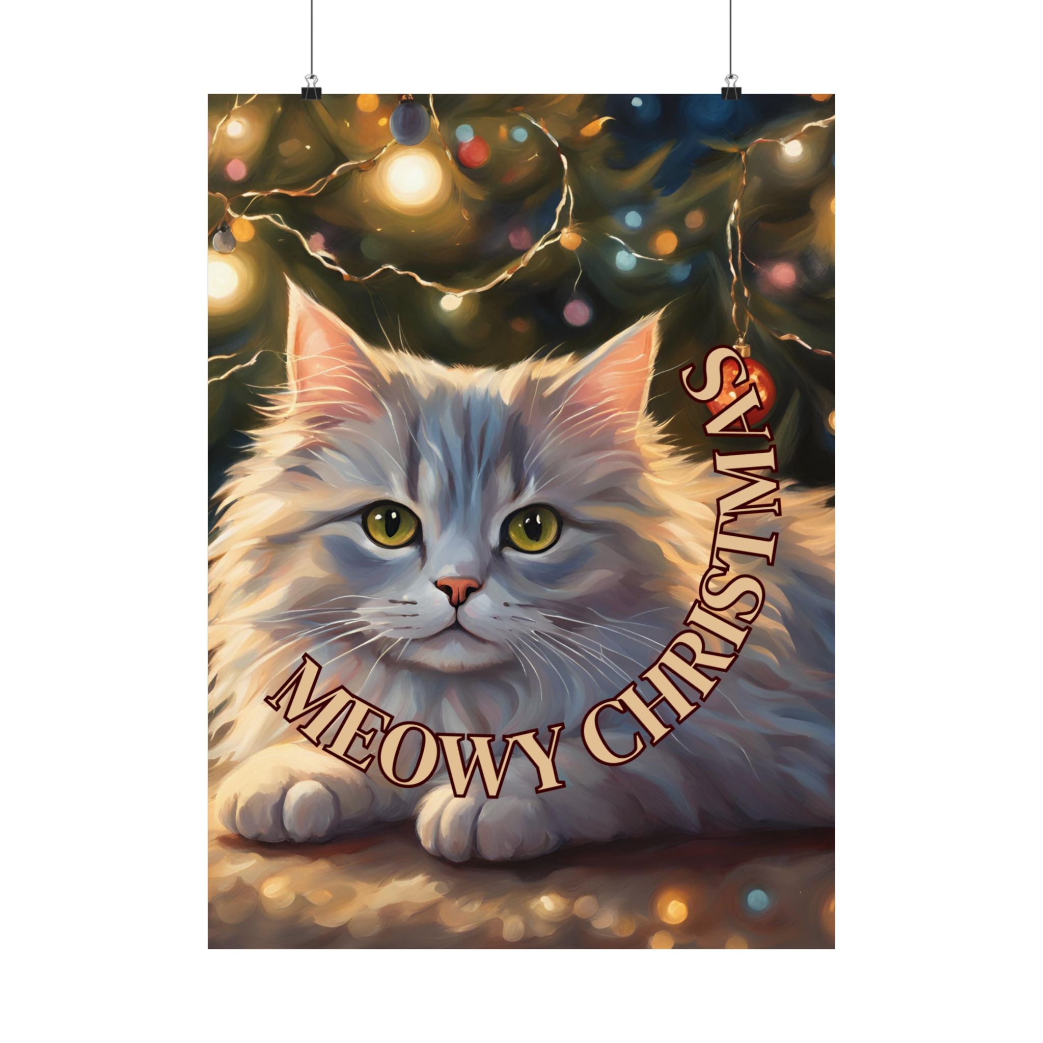 Photo depicting the ​White Meowy Christmas Kitty Matte Vertical Posters from EpiAl's Shop.