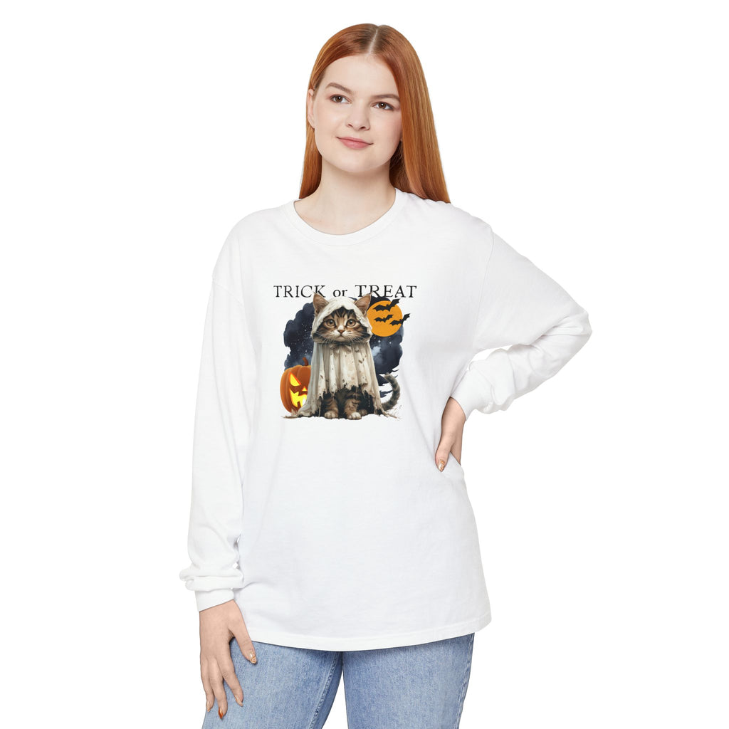 Halloween Cat Long Sleeve Tee, Unisex Spooky Shirt