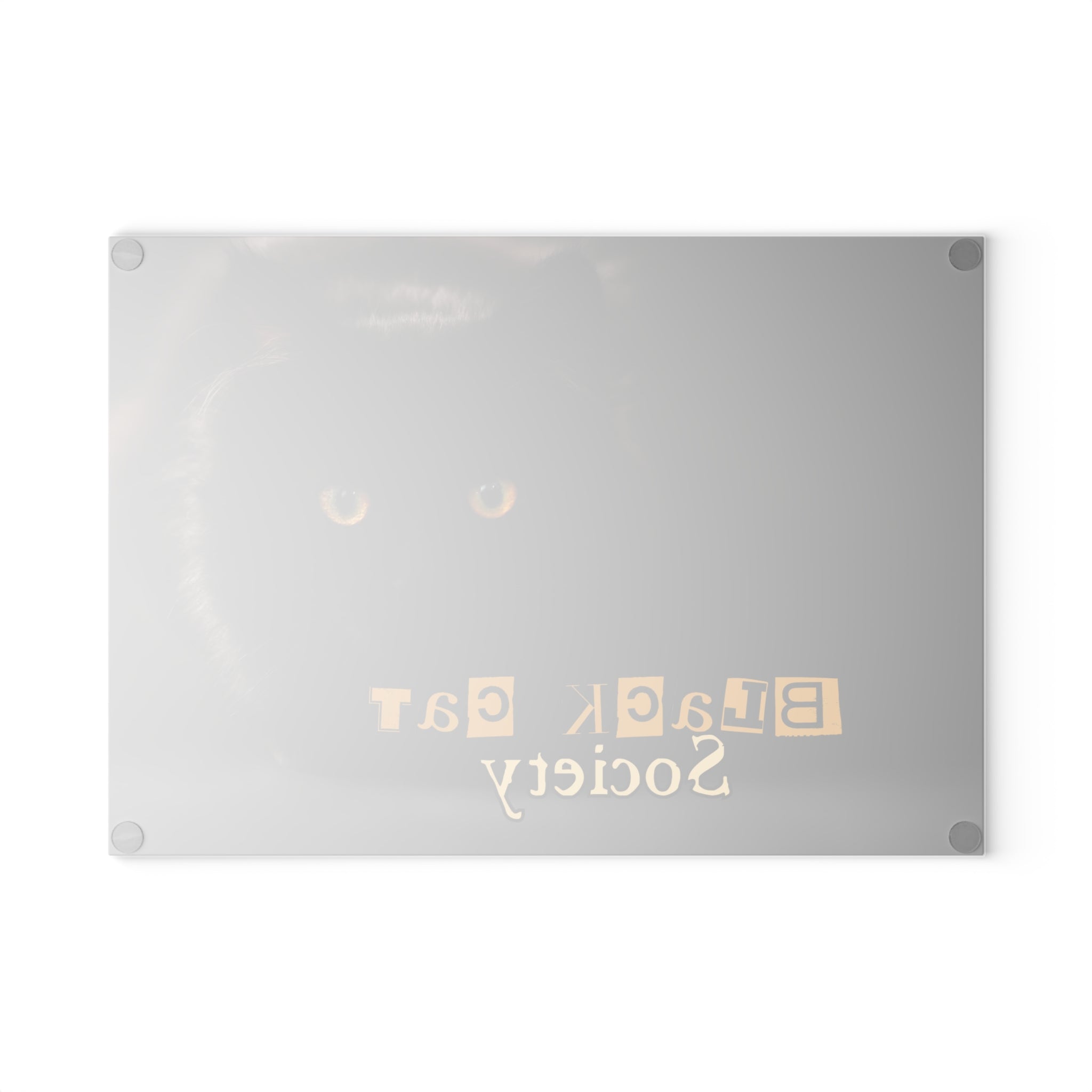 Photo depicting the ​Black Cat Society Glass Cutting Board from EpiAl's Shop.