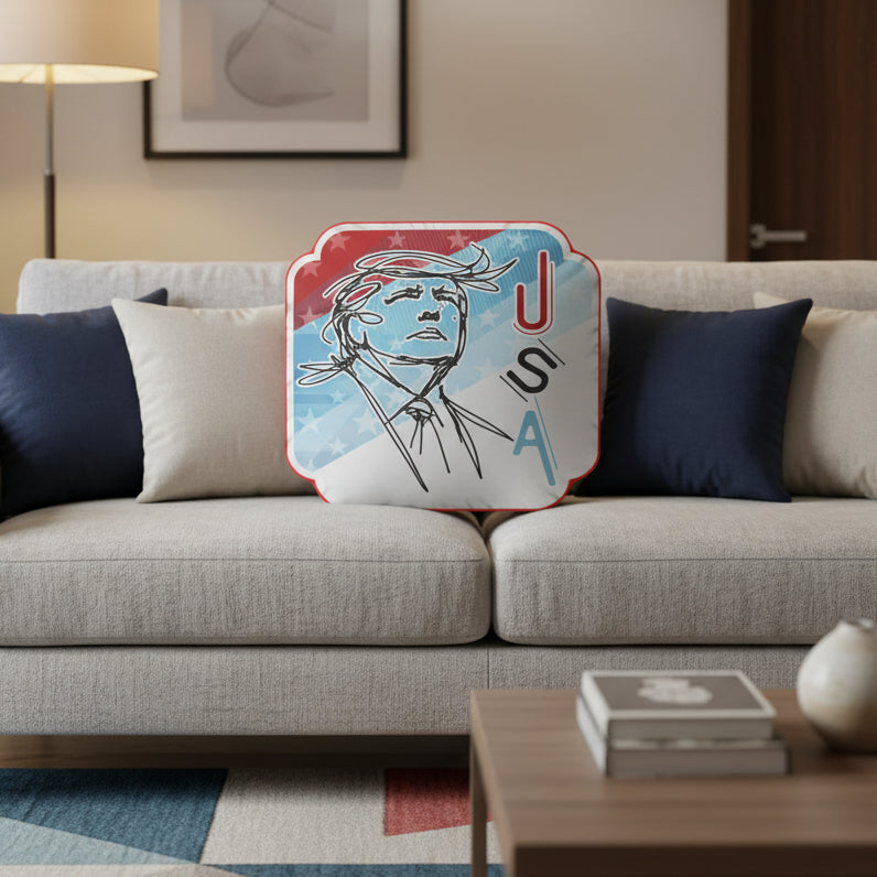 Retro Line Portrait Patriotic Statement Pillow – USA Graphic Shaped Cushion