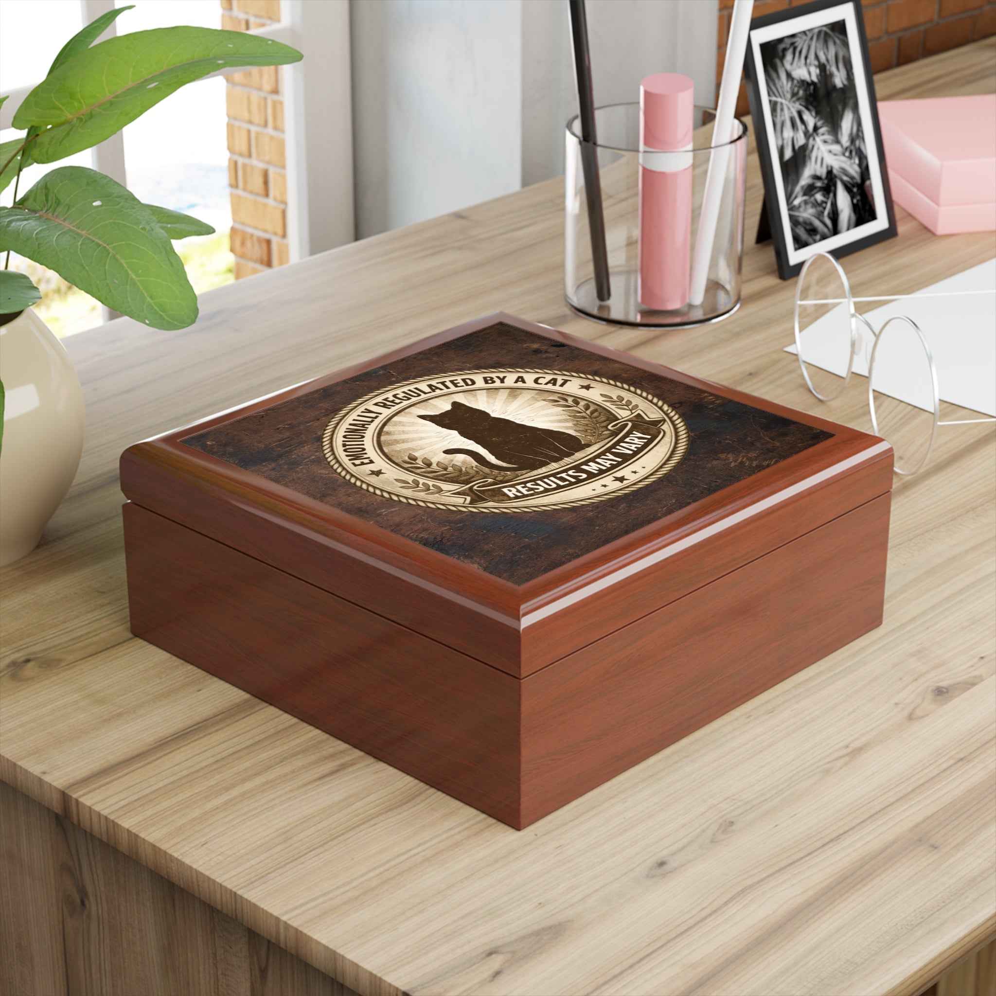 Emotionally Regulated by a Cat – Wood Jewelry Box (Brown Finish)