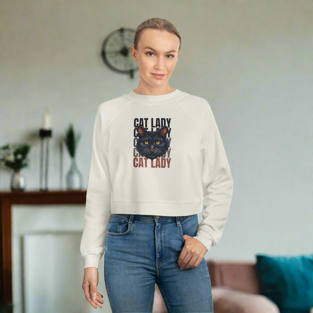 Black Cat Lady Cropped Fleece Pullover, Cozy Cat Lover Sweatshirt