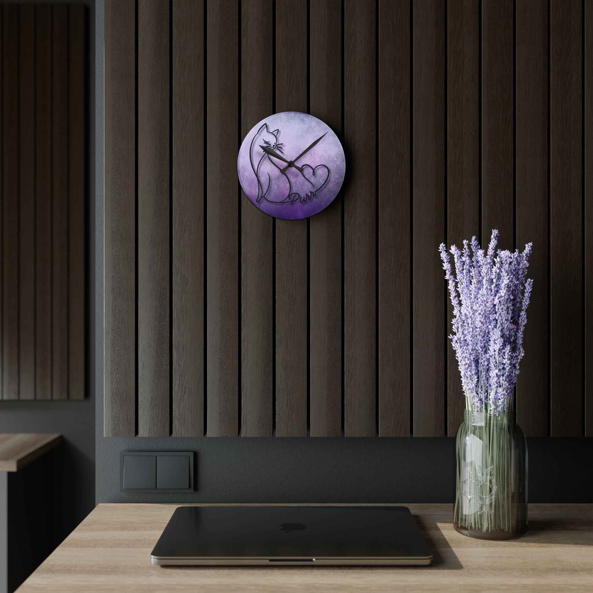 Purr Cat Heart Acrylic Wall Clock – Minimalist Cat Lover Decor