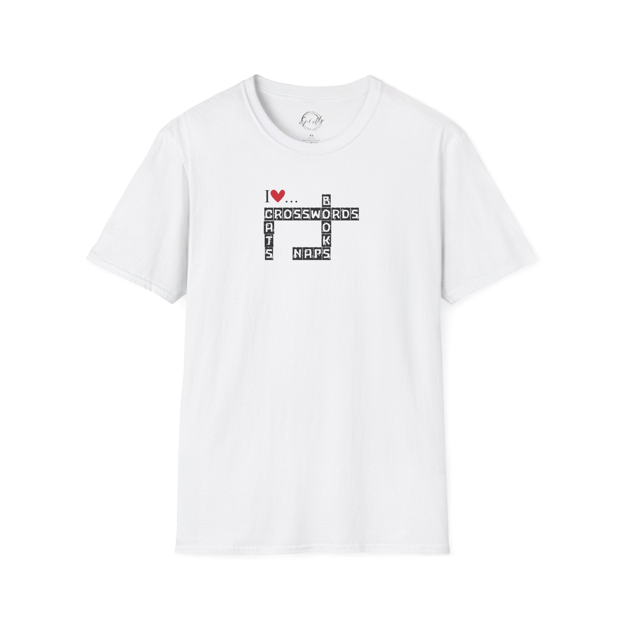 Photo depicting the ​Crosswords and Cats Unisex Softstyle T-Shirt from EpiAl's Shop.