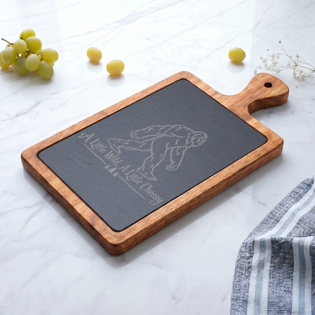 Bigfoot Charcuterie Board | A Little Wild, A Little Cheesy | Engraved Slate & Acacia Wood Cheese Board