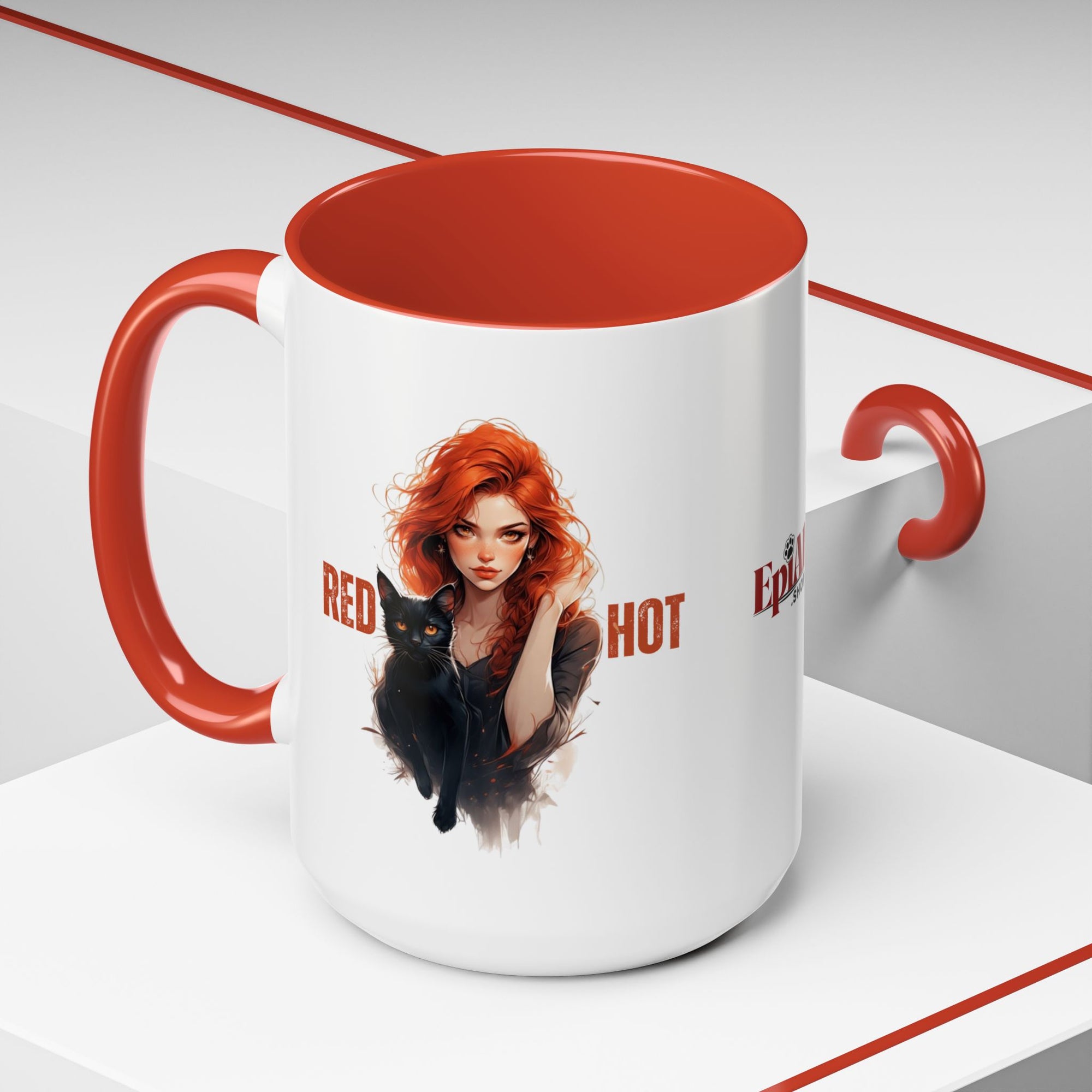 Red Hot Coffee Mug with Artistic Cat-Themed Design