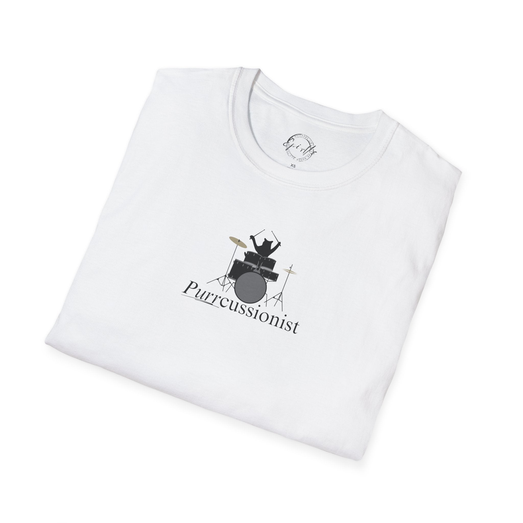 Photo depicting the ​Purrcussionist Unisex Softstyle T-Shirt from EpiAl's Shop.