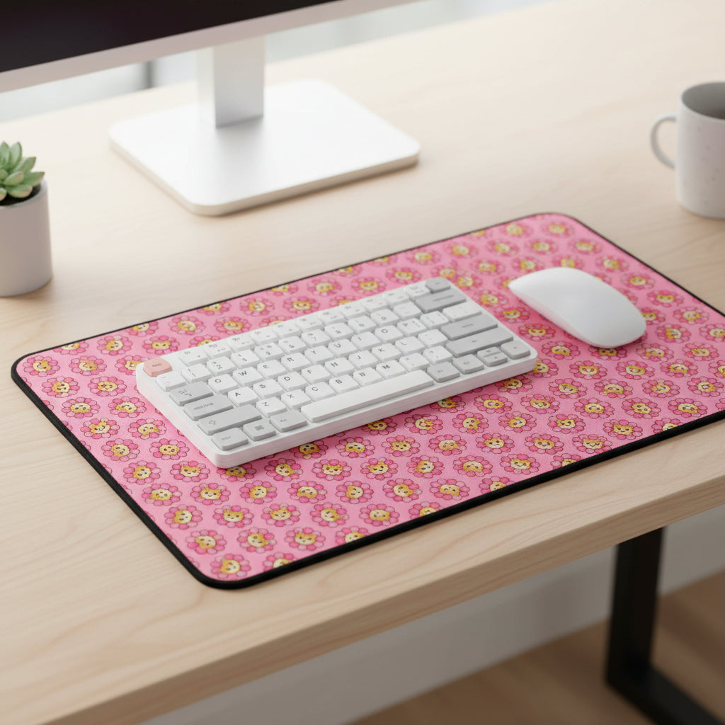 Blooming Chaos Pink Cat Pattern Desk Mat