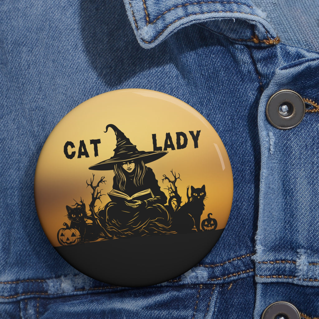 Photo depicting the ​Reading Witchy Cat Lady Pin Buttons from EpiAl's Shop.
