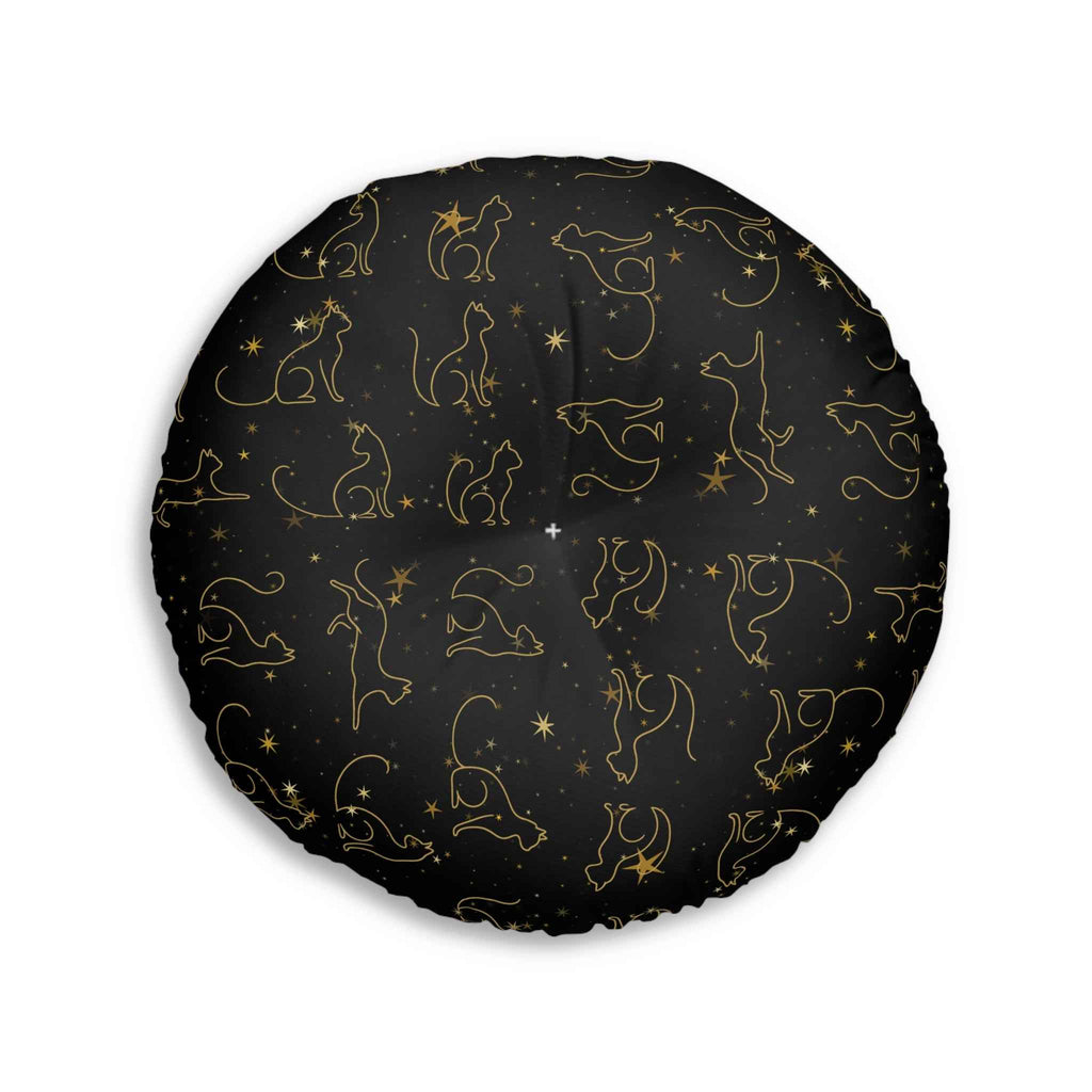 Gold Foil Line-Art Cats Tufted Floor Pillow – Black