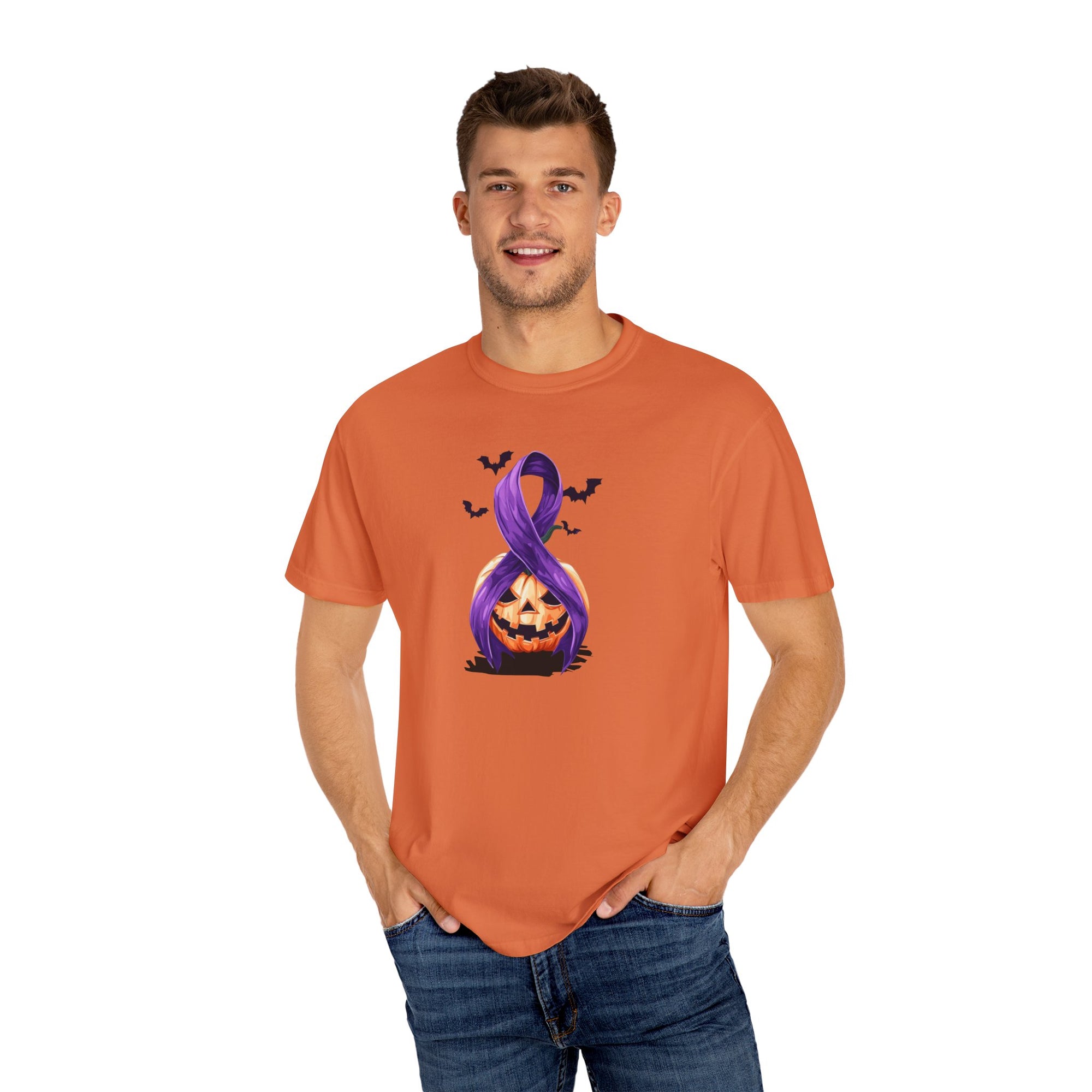 Halloween Pumpkin Unisex T-Shirt with Purple Ribbon Design