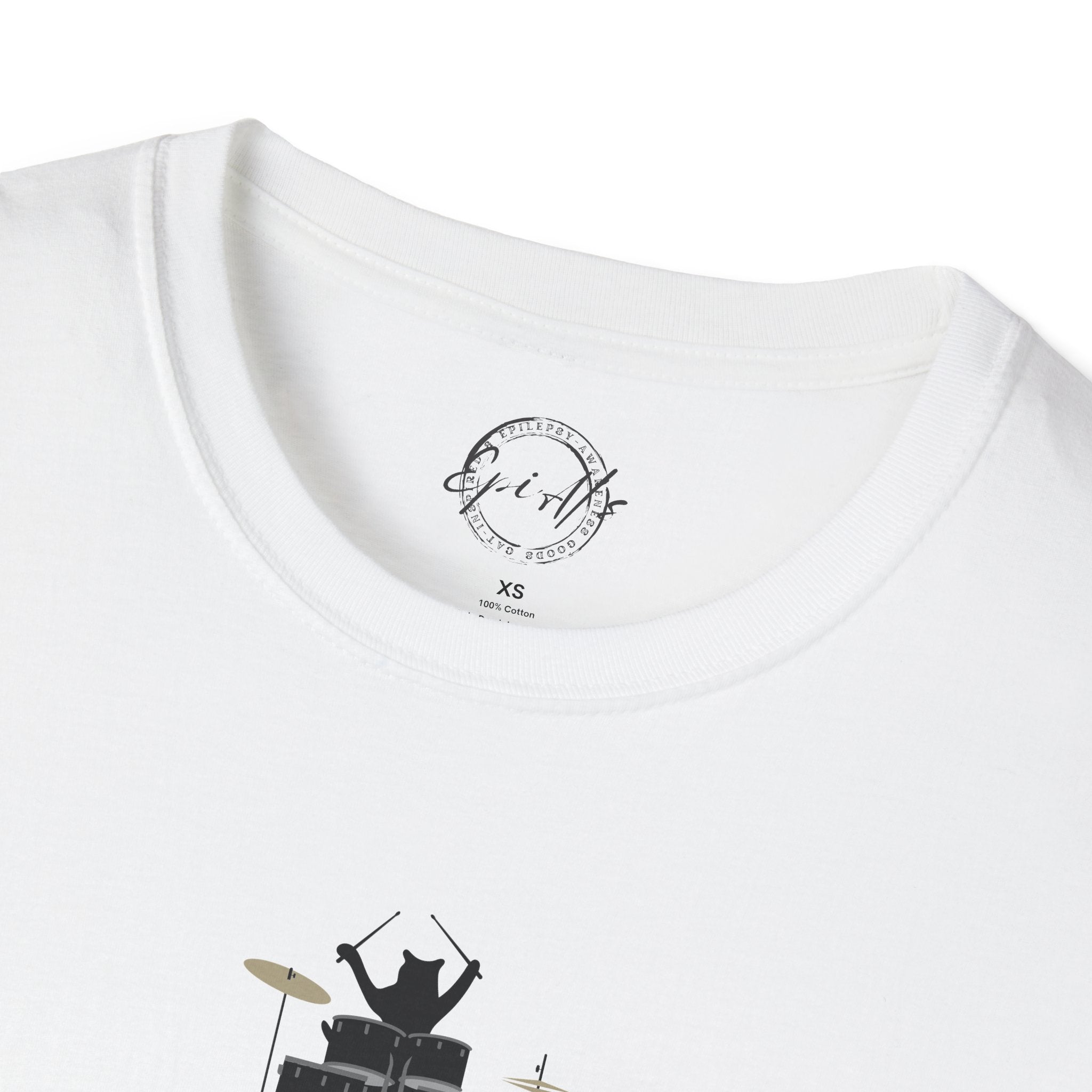 Photo depicting the ​Purrcussionist Unisex Softstyle T-Shirt from EpiAl's Shop.