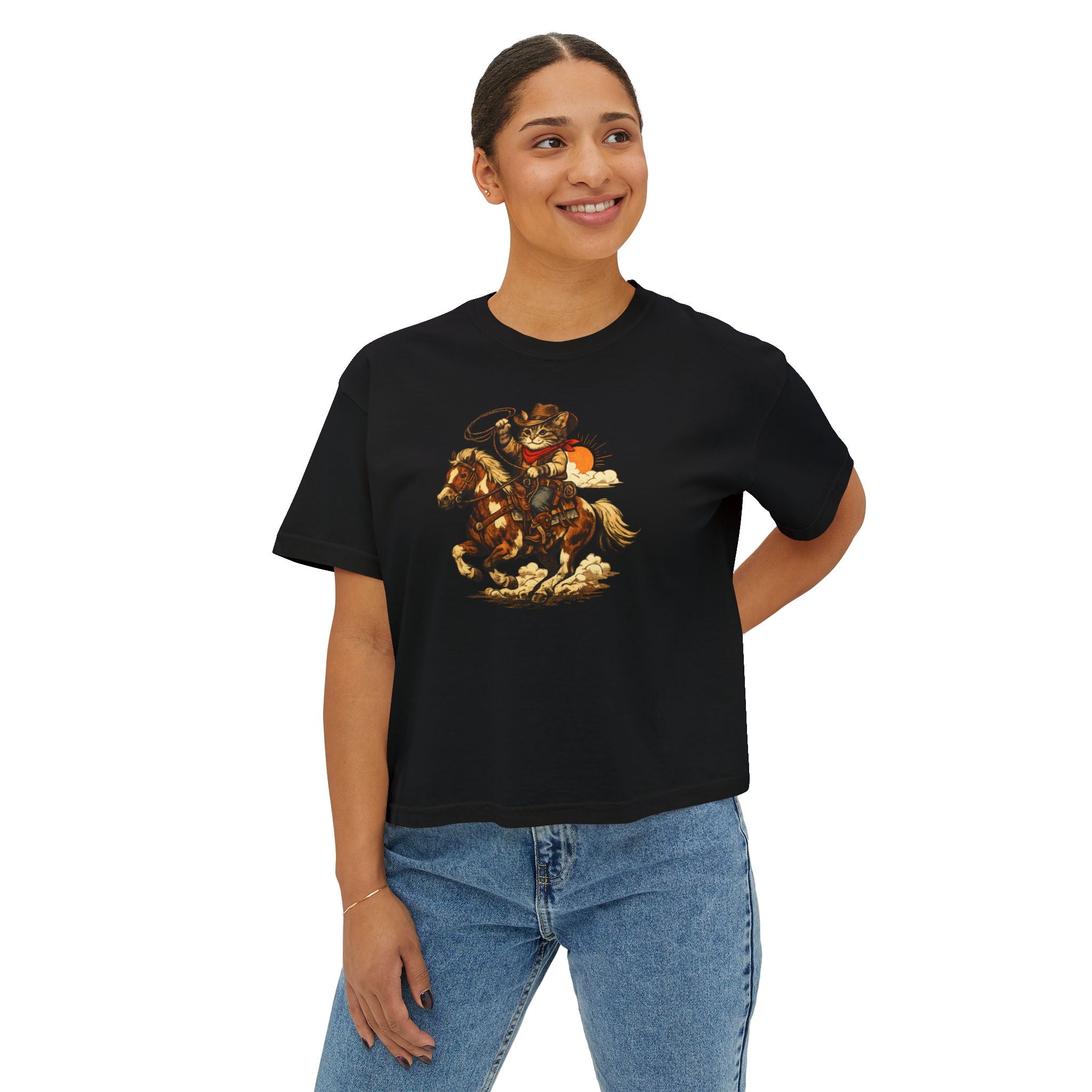 Cowboy Cat Cropped Tee | Vintage Western Cat Boxy Crop Top