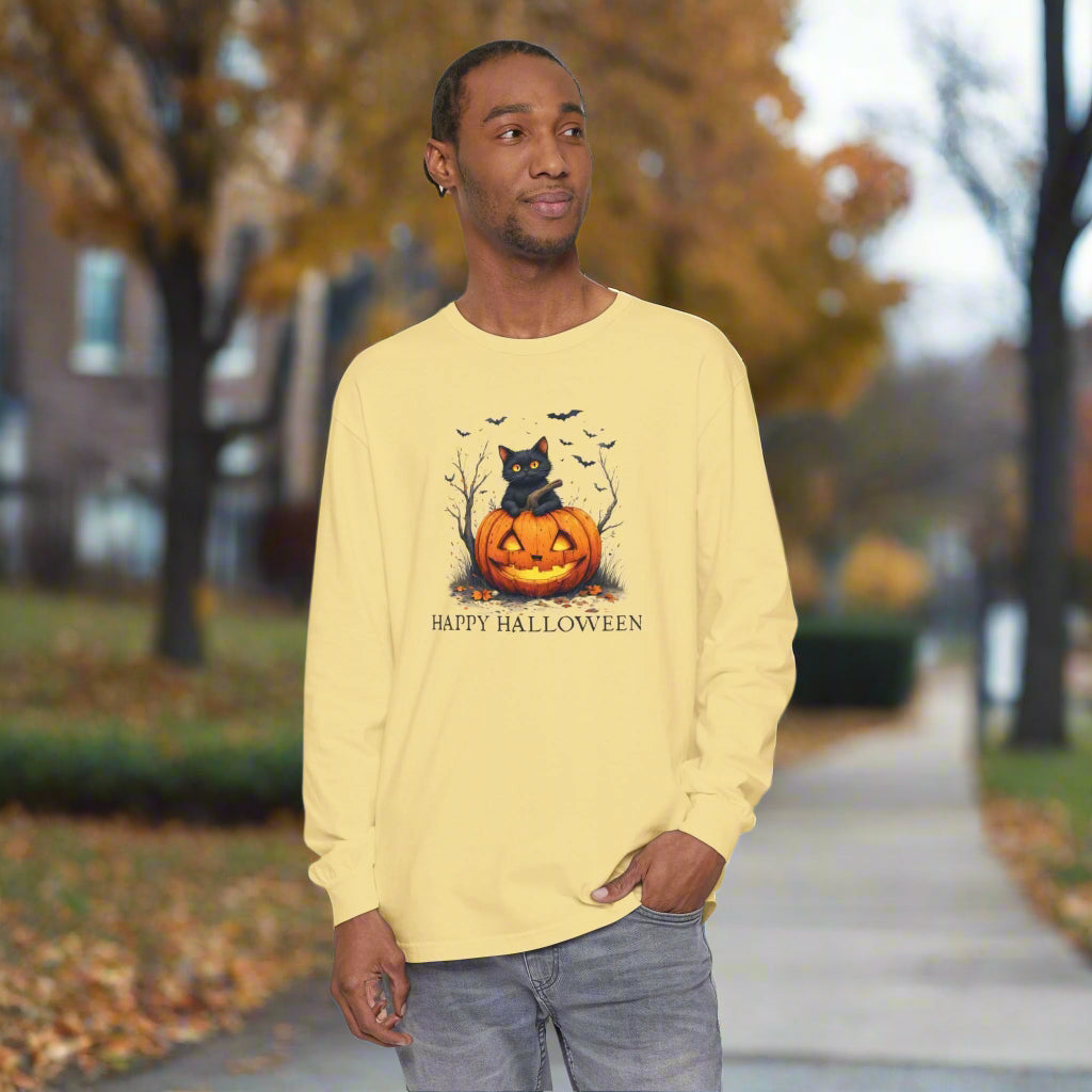 Happy Halloween Cat Long Sleeve T-Shirt – Festive Fall Tee for Cat Lovers
