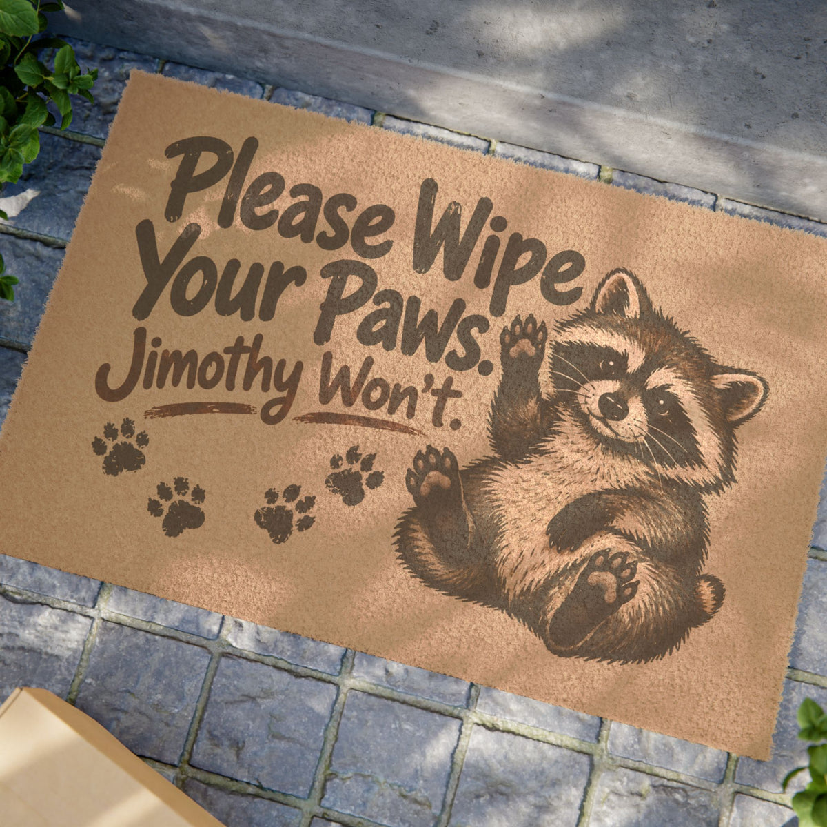 Please Wipe Your Paws, Jimothy Won’t Doormat | Funny Raccoon Welcome Mat
