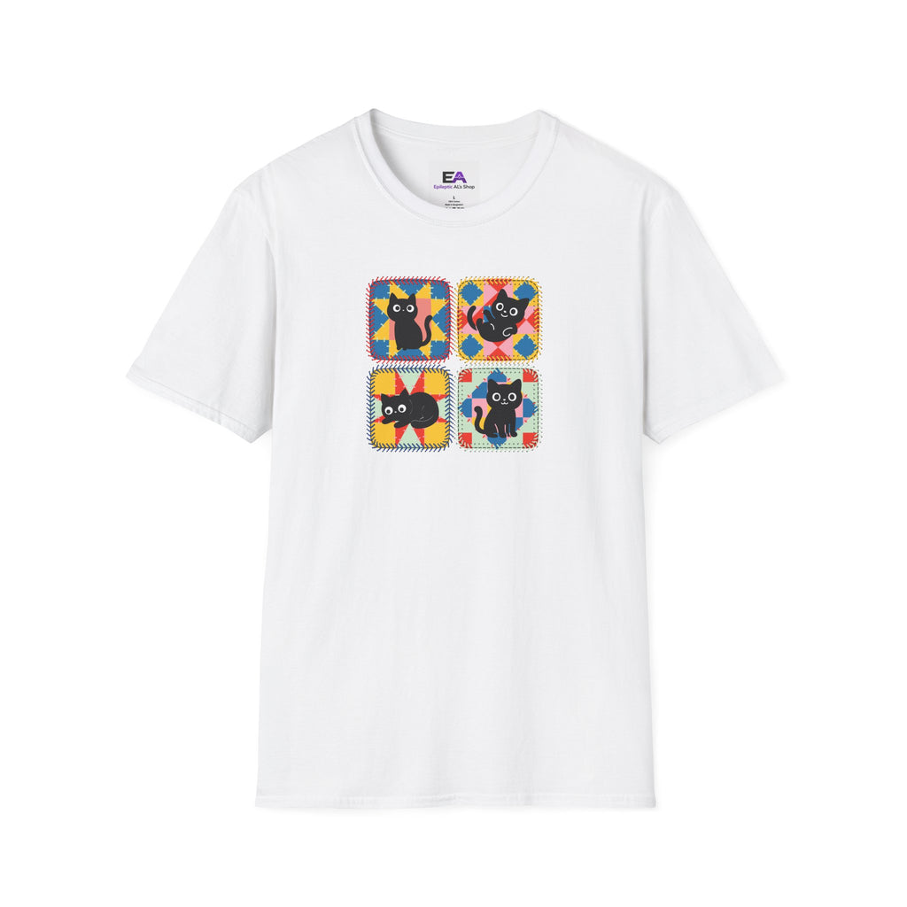 Patchwork Black Cats T-Shirt | Colorful Quilt Cat Lover Graphic Tee