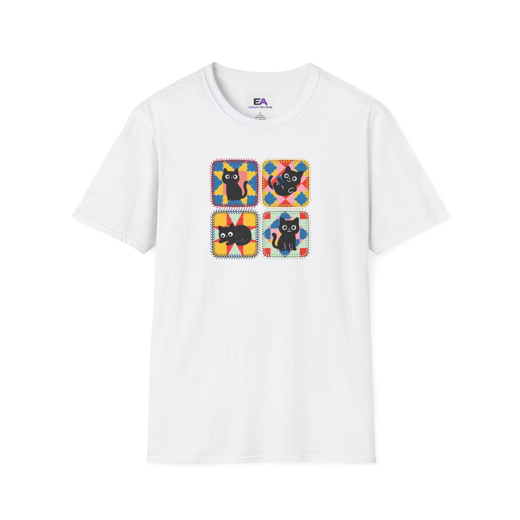 Patchwork Black Cats T-Shirt | Colorful Quilt Cat Lover Graphic Tee
