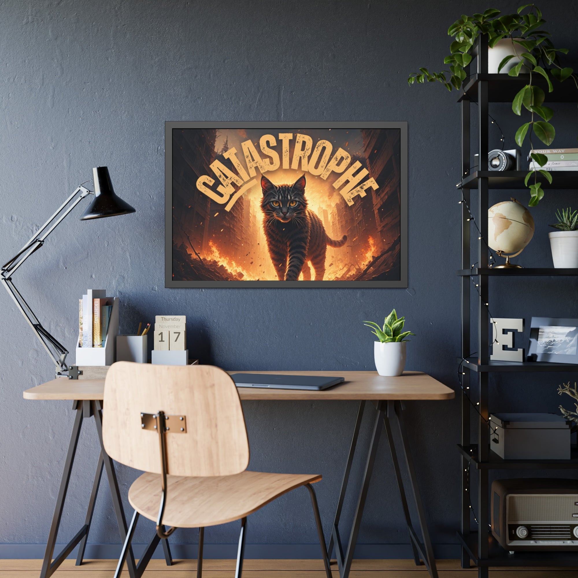 Framed Catastrophe Cat Poster Art, Quirky Cat Artwork