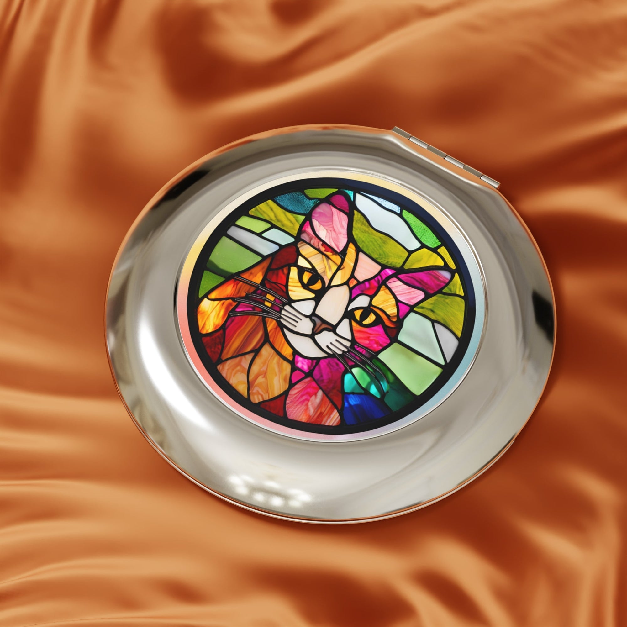 Stained Glass Cat Compact Travel Mirror - Perfect for Pet Lovers Printify